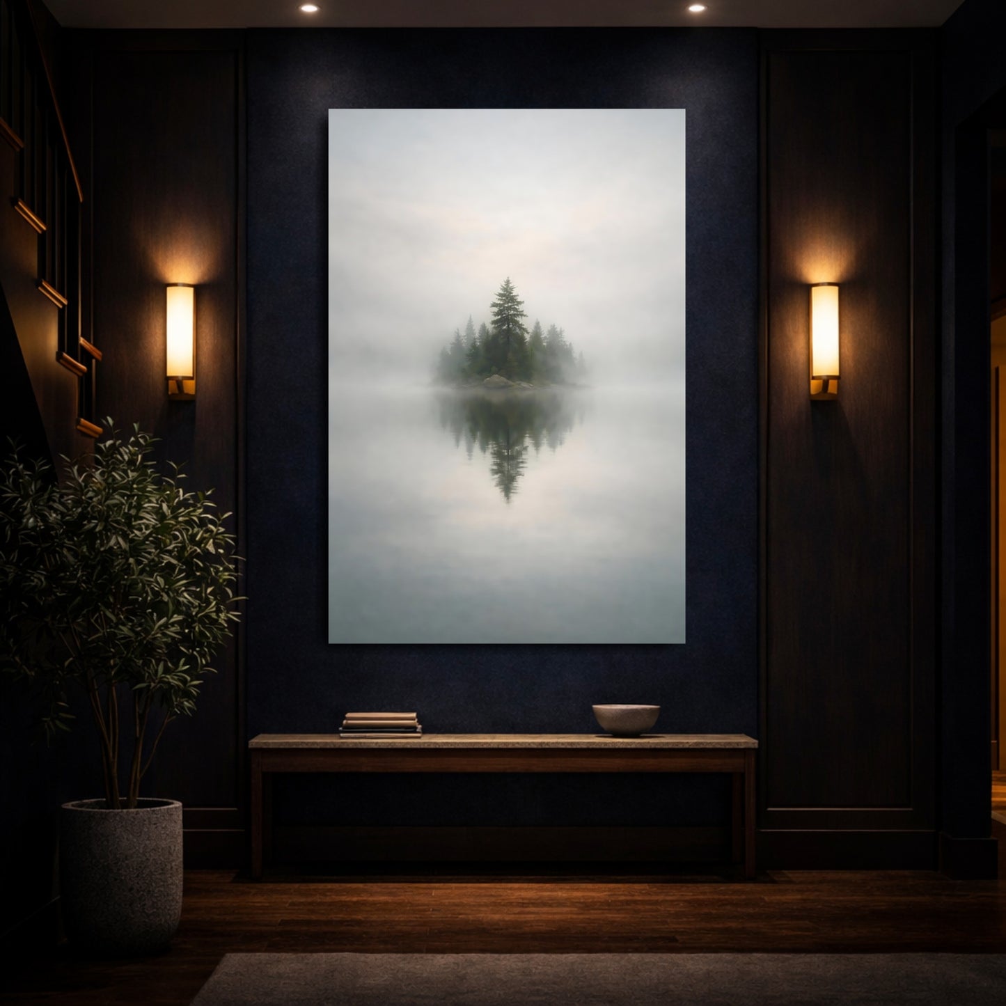 Nature Forest Island Misty Forest Island shown as front canvas room wall art