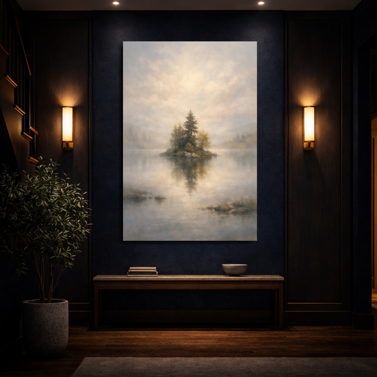Mockup 3. Nature Forest Island Misty Forest Island shown as stretched canvas wall art