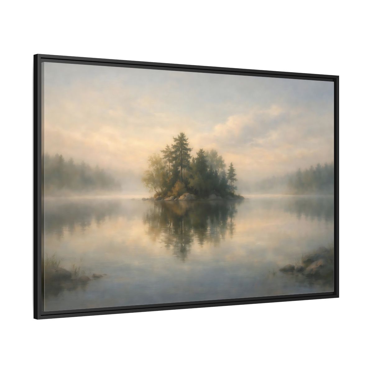 Side Mockup 12. Nature Forest Island Misty Lake Island shown as stretched canvas wall art