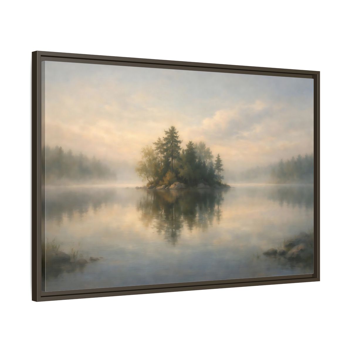 Side Mockup 9. Nature Forest Island Misty Lake Island shown as stretched canvas wall art