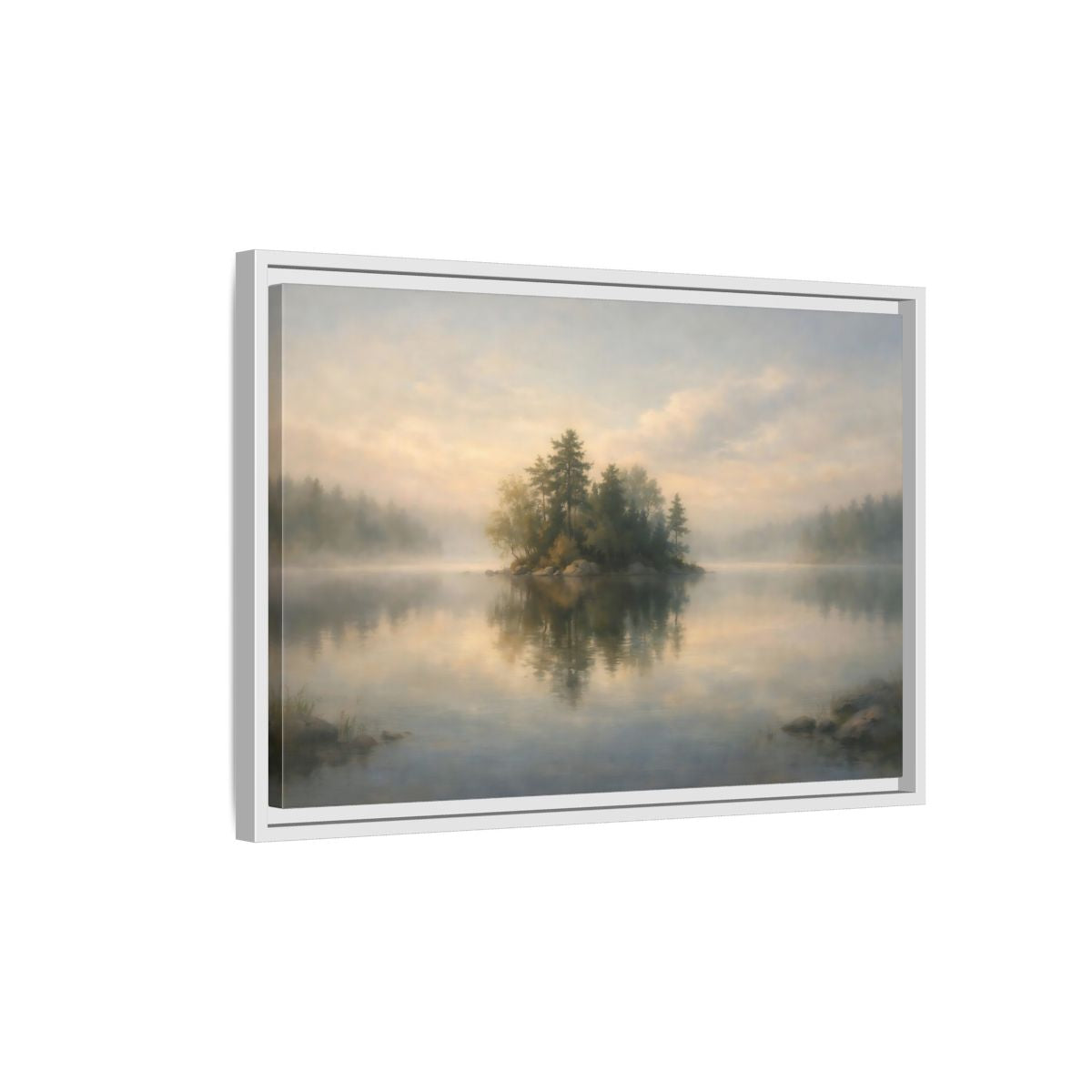 Side Mockup 1. Nature Forest Island Misty Lake Island shown as stretched canvas wall art