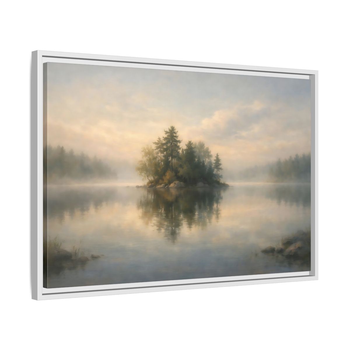 Side Mockup 10. Nature Forest Island Misty Lake Island shown as stretched canvas wall art
