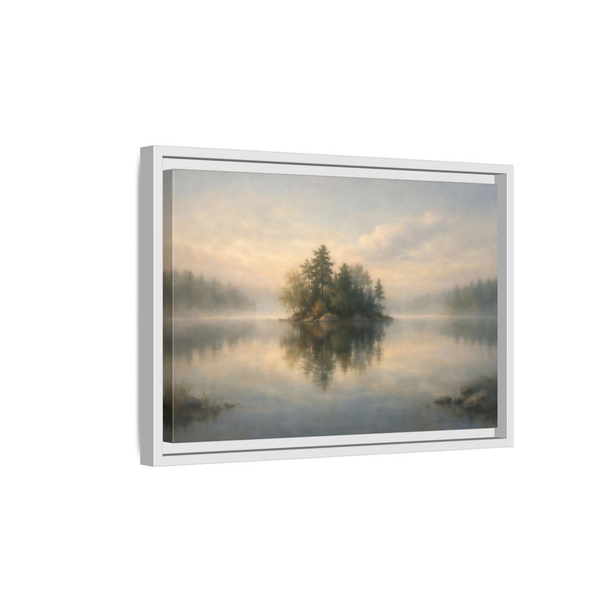 Side Mockup 4. Nature Forest Island Misty Lake Island shown as stretched canvas wall art