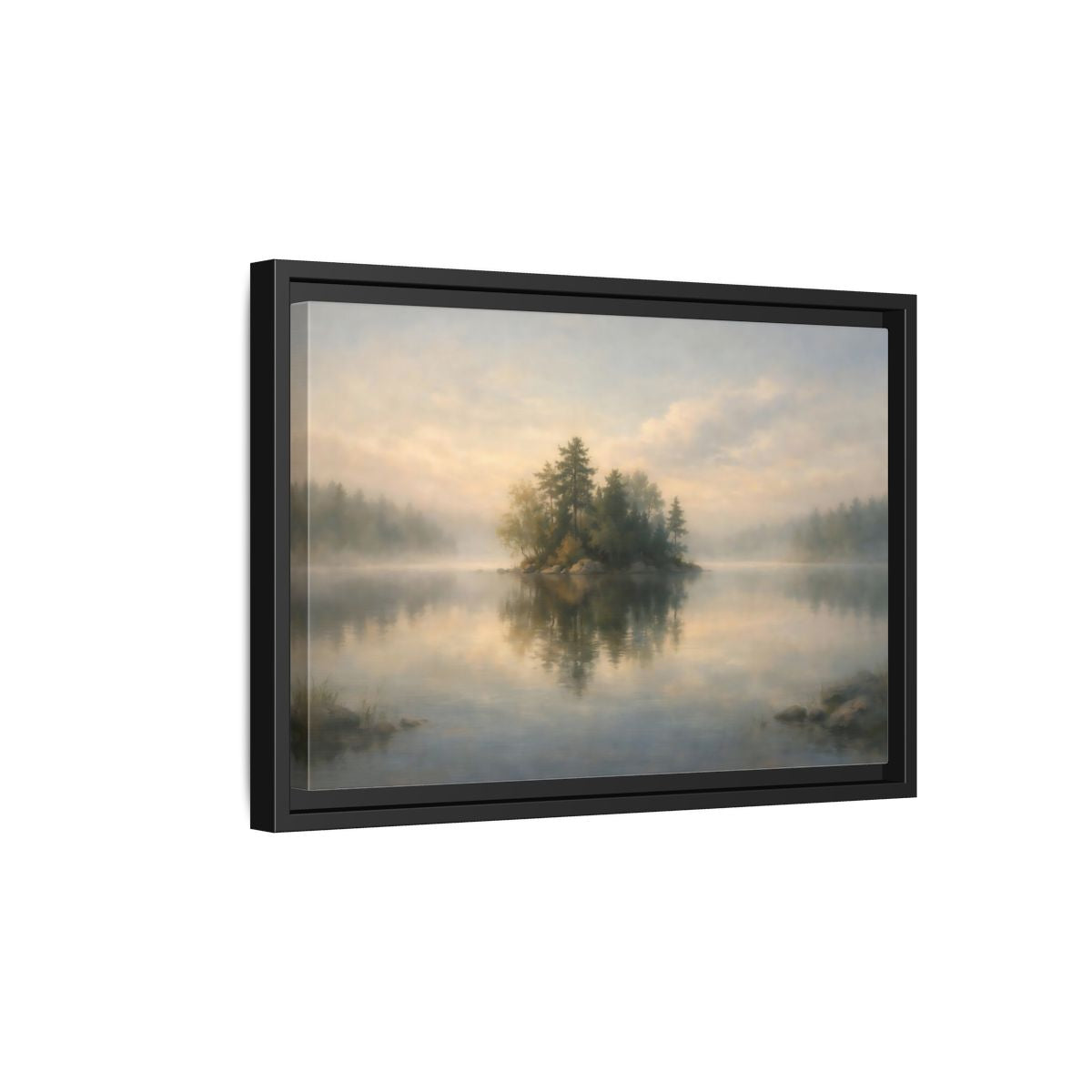 Side Mockup 6. Nature Forest Island Misty Lake Island shown as stretched canvas wall art