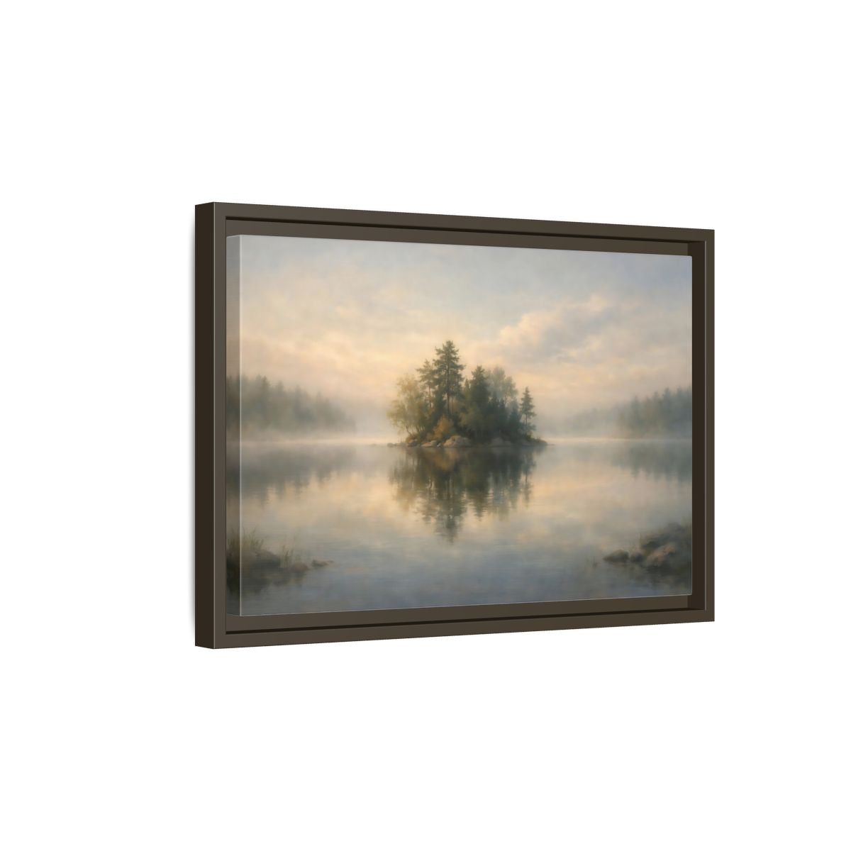 Side Mockup 5. Nature Forest Island Misty Lake Island shown as stretched canvas wall art