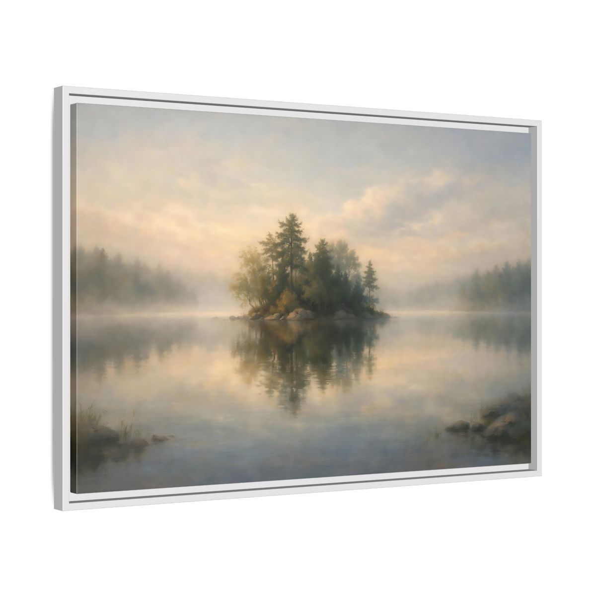 Side Mockup 8. Nature Forest Island Misty Lake Island shown as stretched canvas wall art