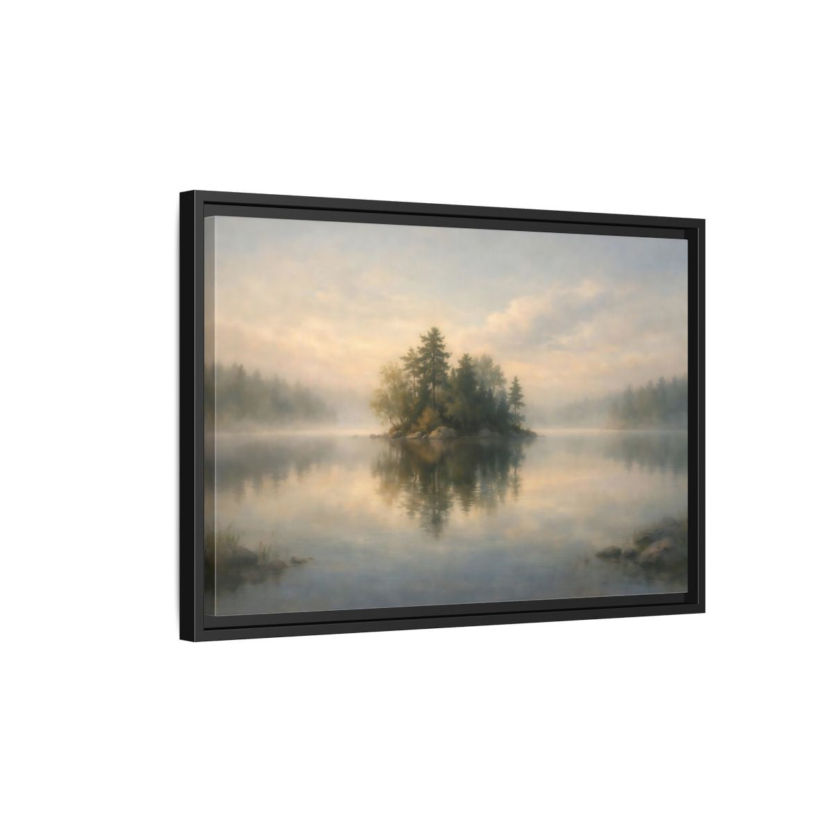 Side Mockup 3. Nature Forest Island Misty Lake Island shown as stretched canvas wall art