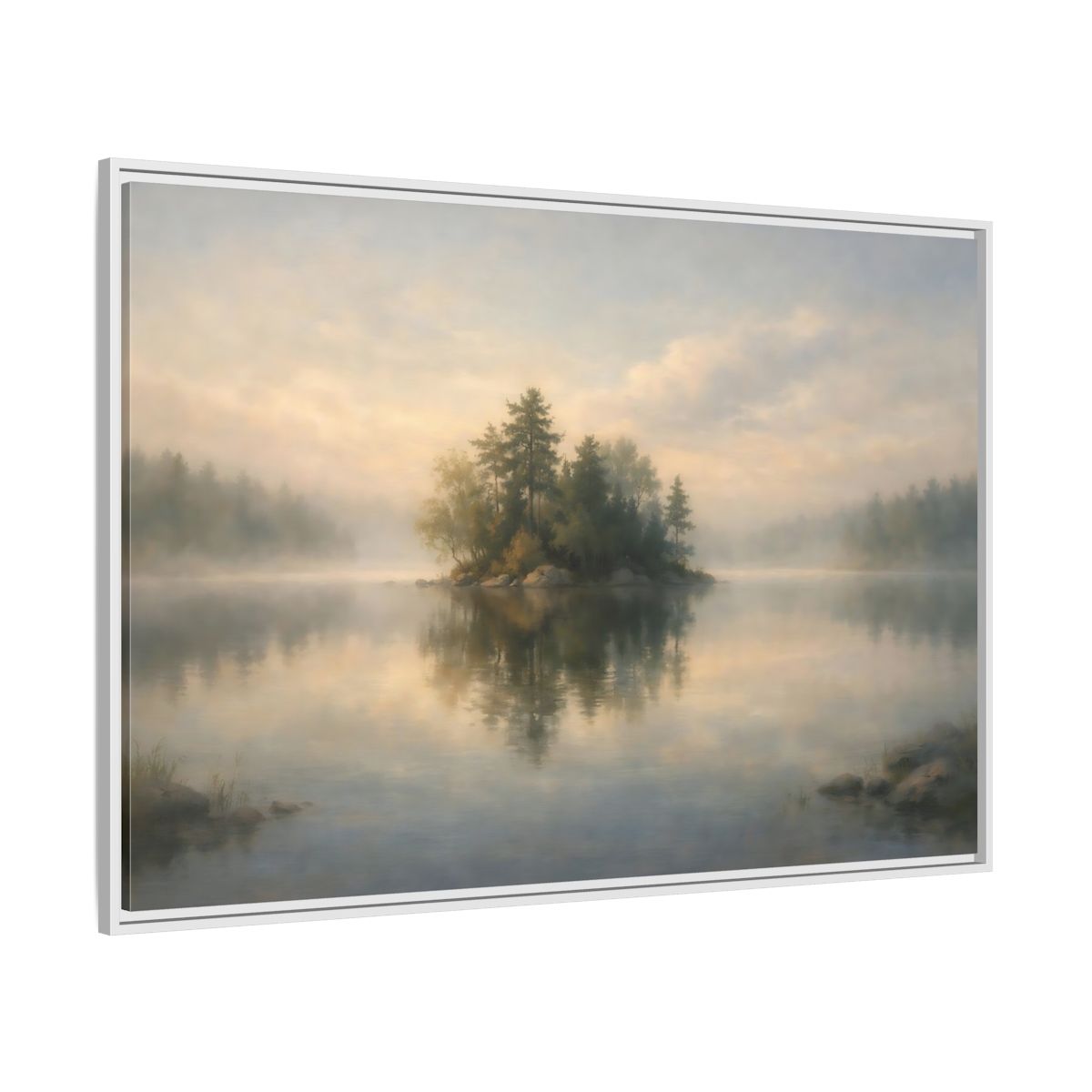 Side Mockup 7. Nature Forest Island Misty Lake Island shown as stretched canvas wall art