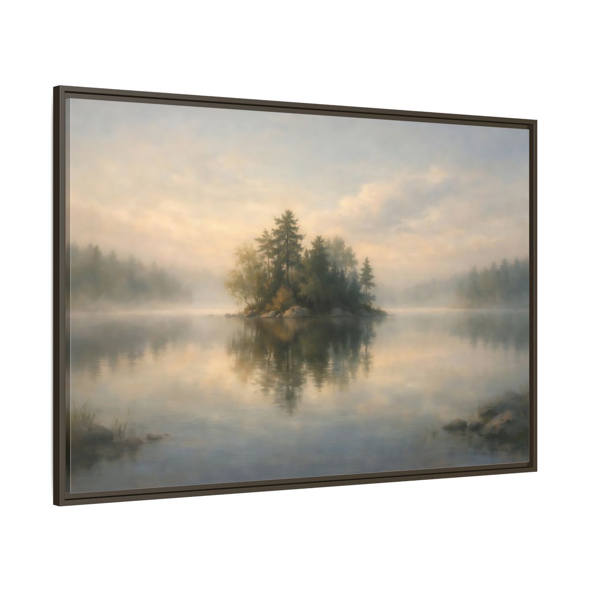 Main Mockup. Nature Forest Island Misty Lake Island shown as stretched canvas wall art