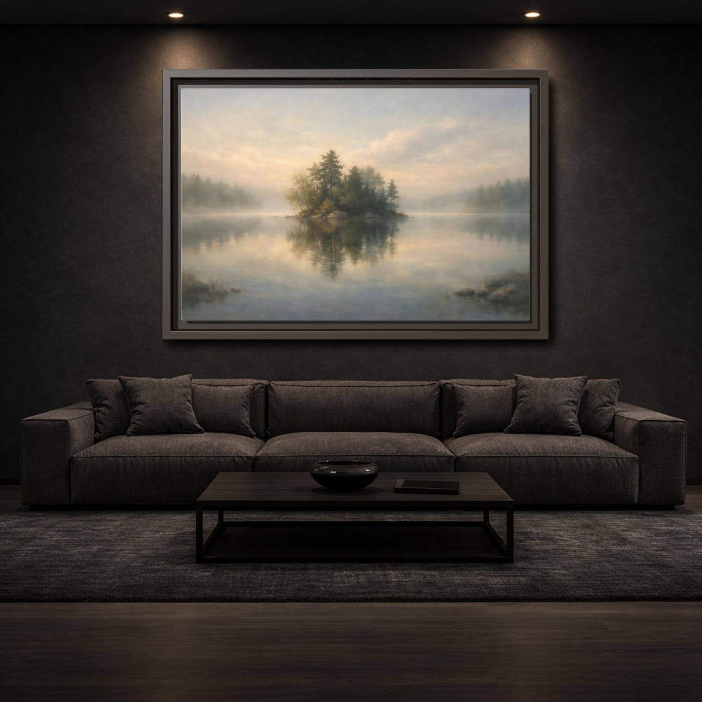 Mockup 2. Nature Forest Island Misty Lake Island shown as stretched canvas wall art
