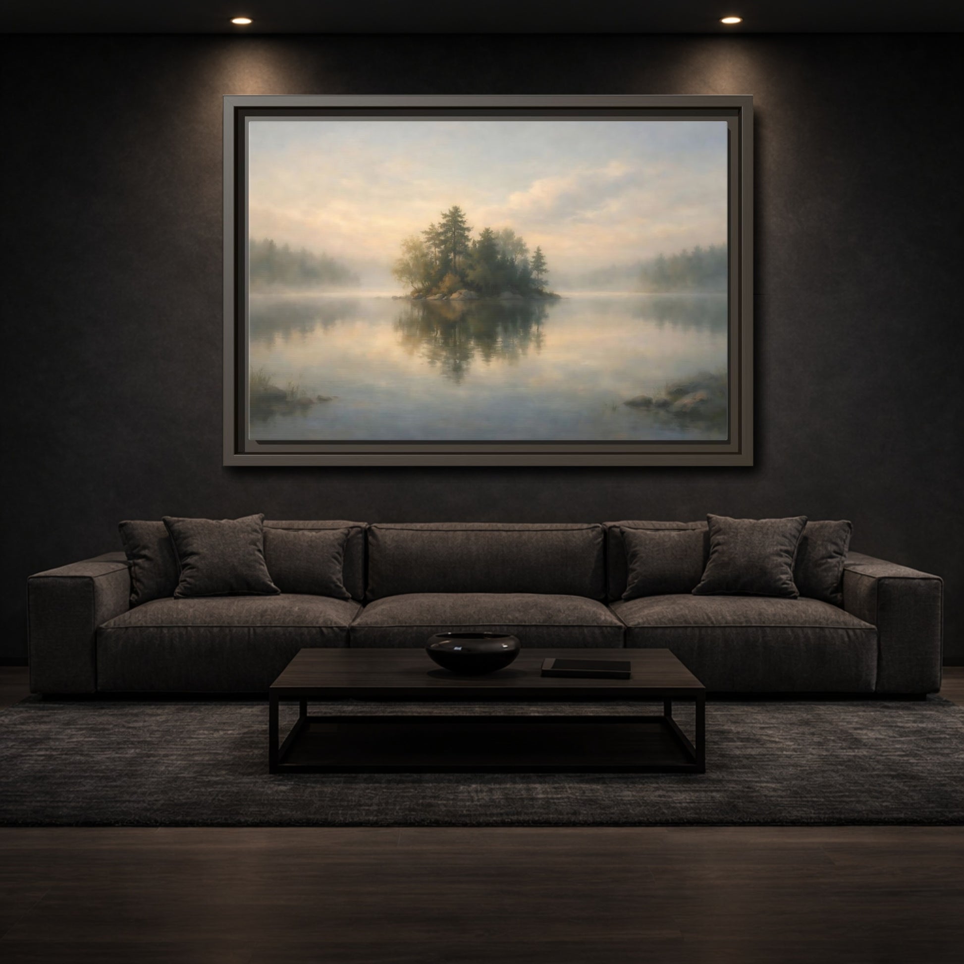 Mockup 2. Nature Forest Island Misty Lake Island shown as stretched canvas wall art