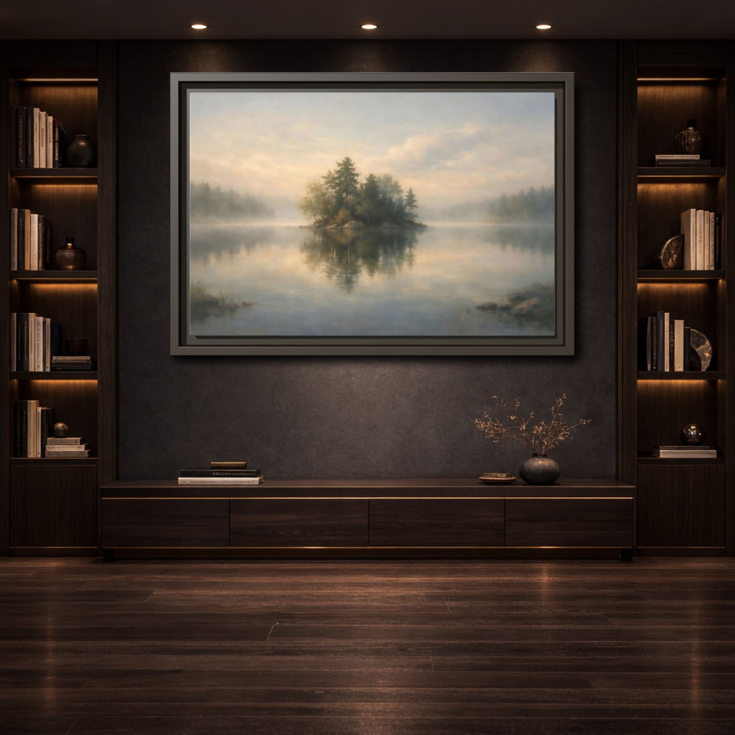 Mockup 3. Nature Forest Island Misty Lake Island shown as stretched canvas wall art