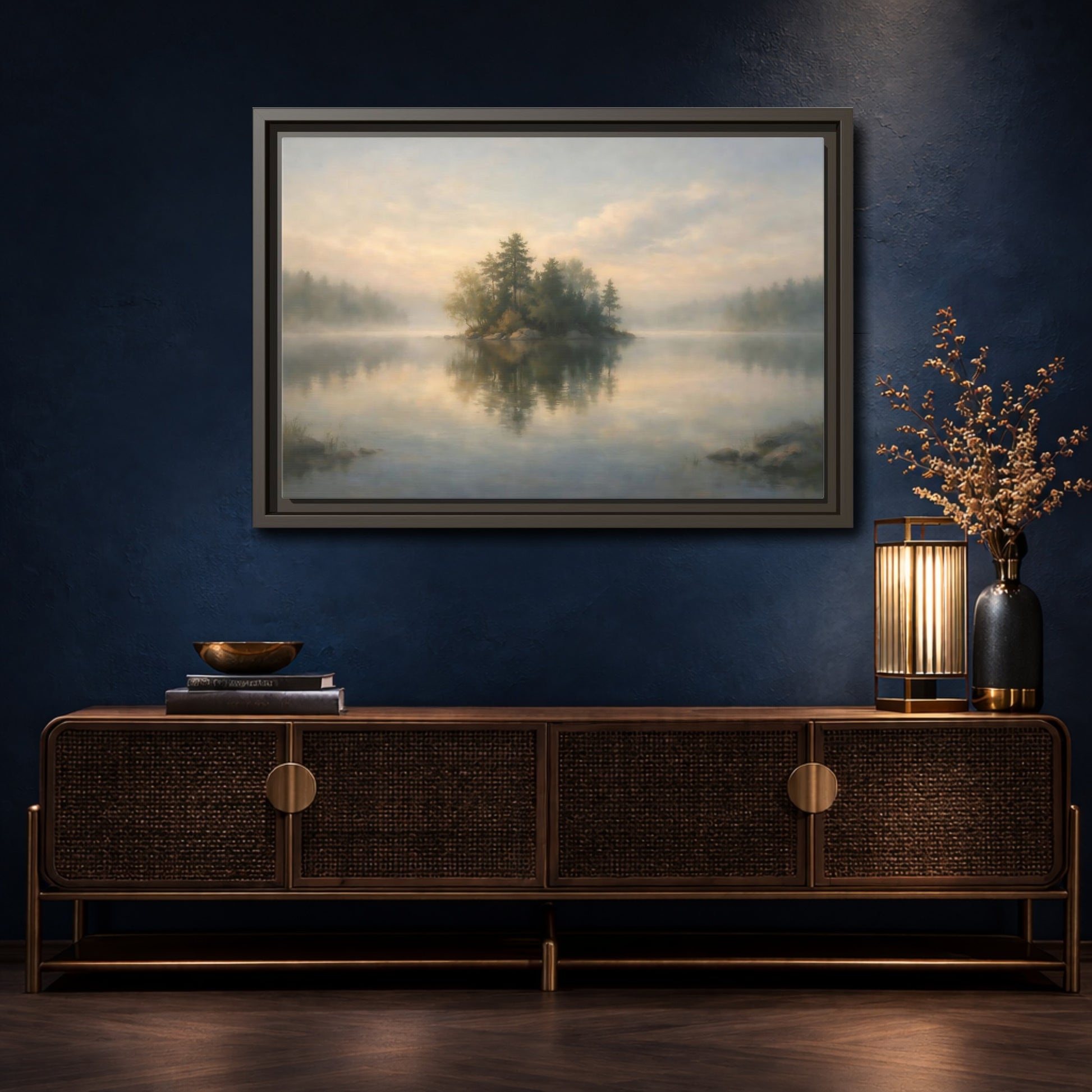 Mockup 4. Nature Forest Island Misty Lake Island shown as stretched canvas wall art