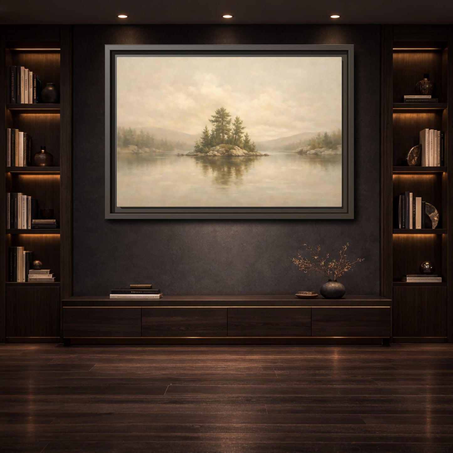 Mockup 3. Nature Forest Island Neutral Landscape shown as stretched canvas wall art