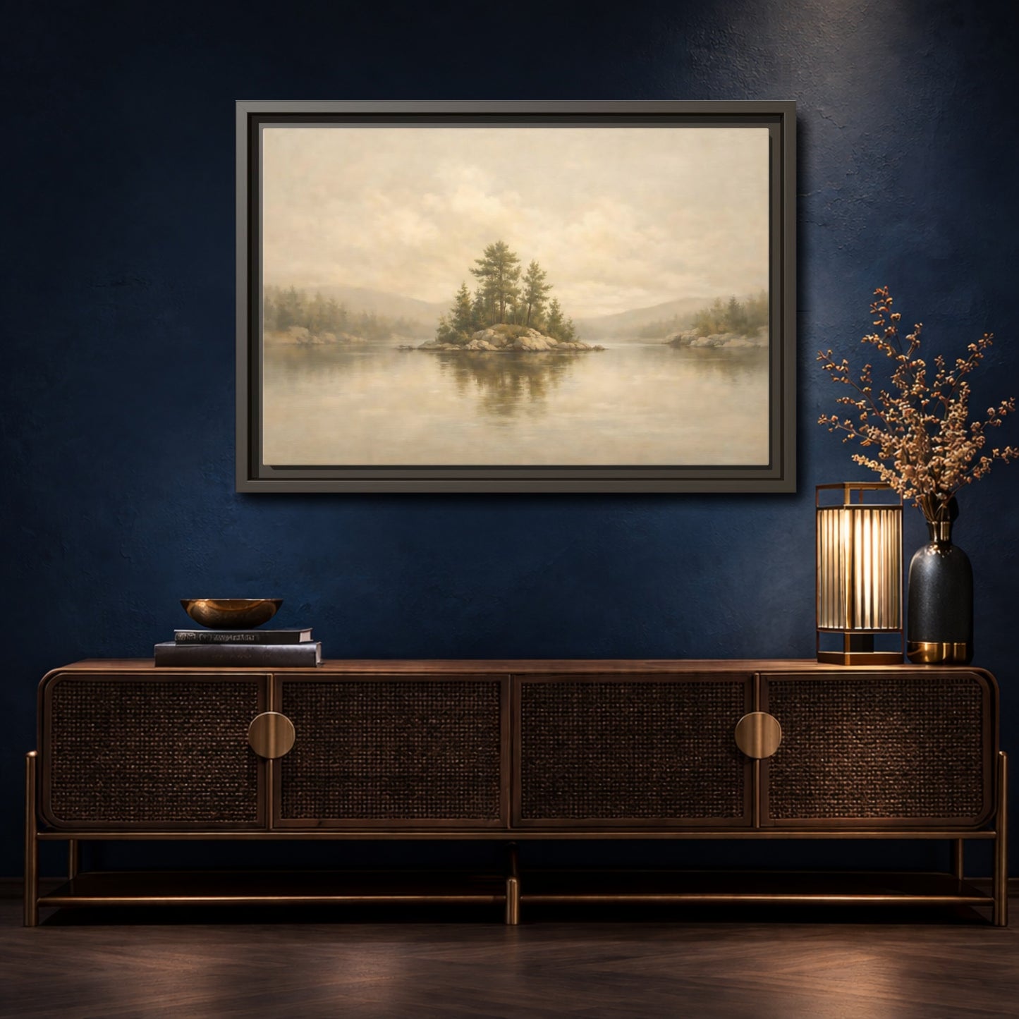 Mockup 4. Nature Forest Island Neutral Landscape shown as stretched canvas wall art
