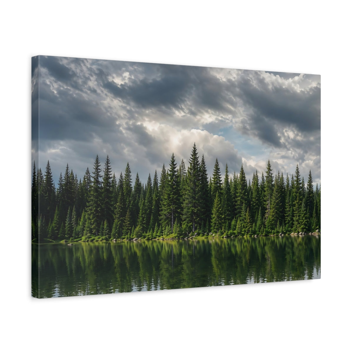 Side Mockup 3. Nature Forest Lake Green Forest Landscape shown as stretched canvas wall art