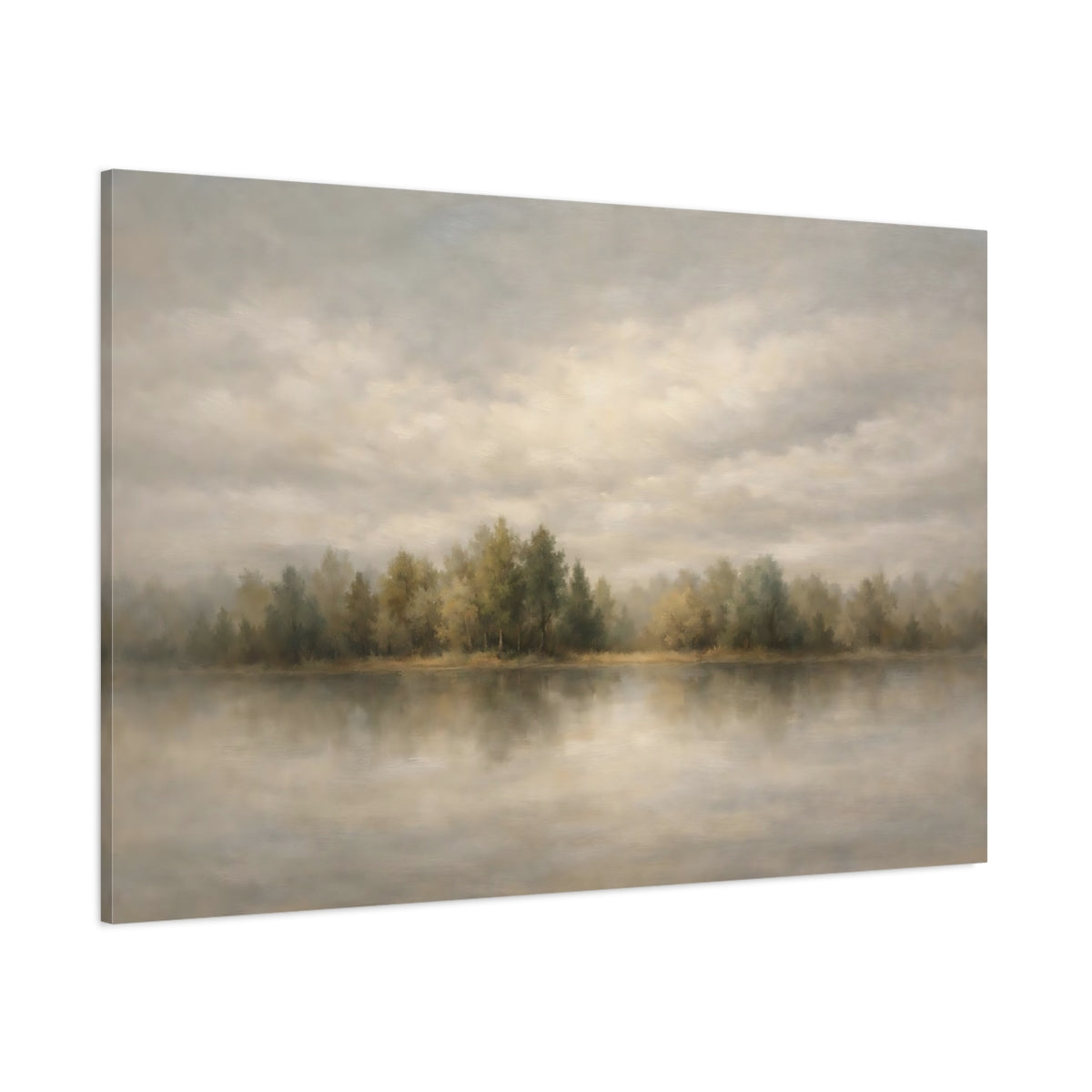 Main Mockup. Nature Forest Lake Grey Green Landscape shown as stretched canvas wall art