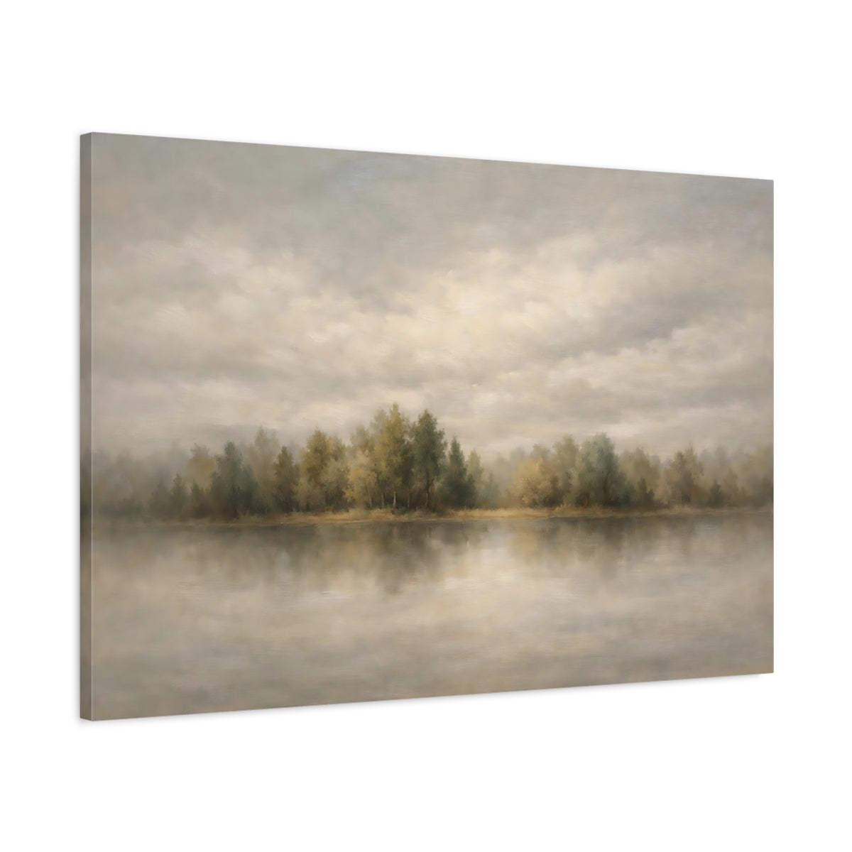 Side Mockup 1. Nature Forest Lake Grey Green Landscape shown as stretched canvas wall art