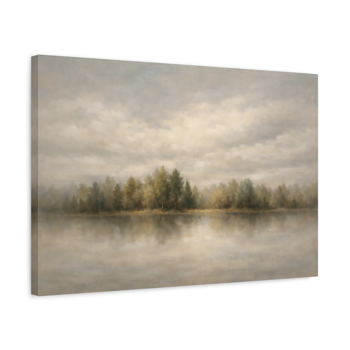 Side Mockup 3. Nature Forest Lake Grey Green Landscape shown as stretched canvas wall art