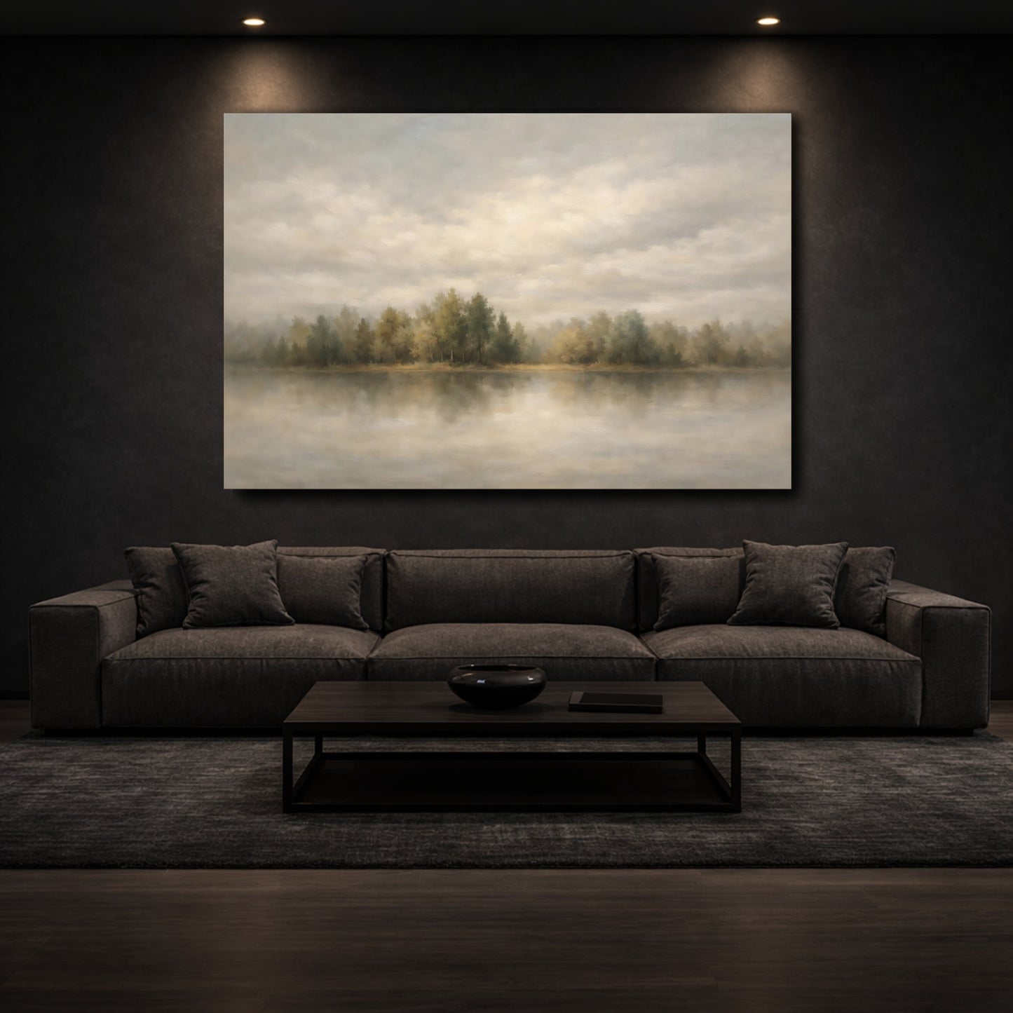 Mockup 2. Nature Forest Lake Grey Green Landscape shown as stretched canvas wall art