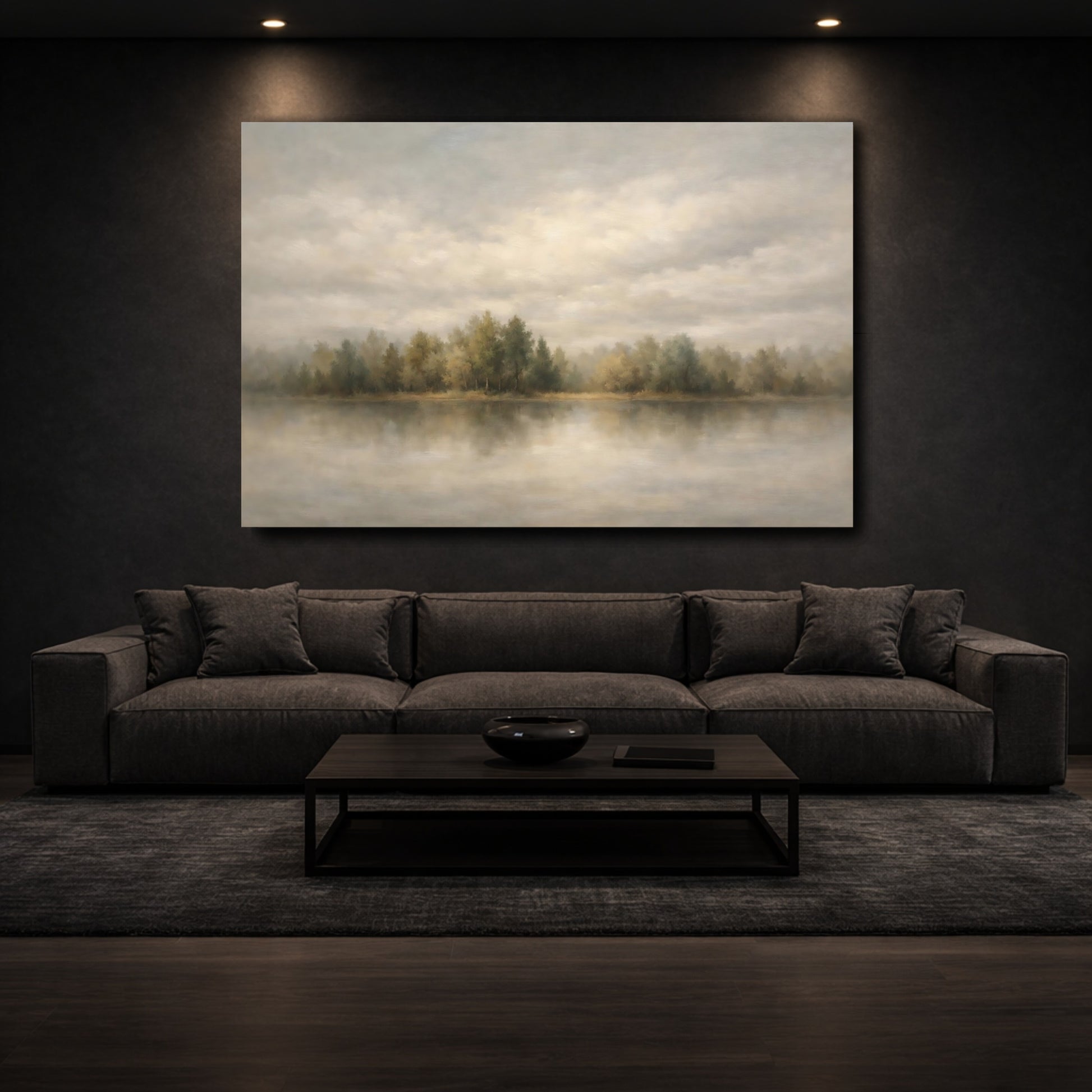 Mockup 2. Nature Forest Lake Grey Green Landscape shown as stretched canvas wall art