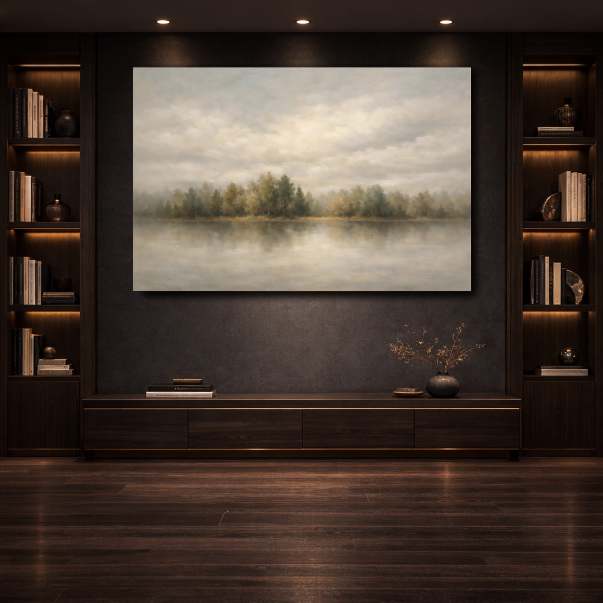 Mockup 3. Nature Forest Lake Grey Green Landscape shown as stretched canvas wall art