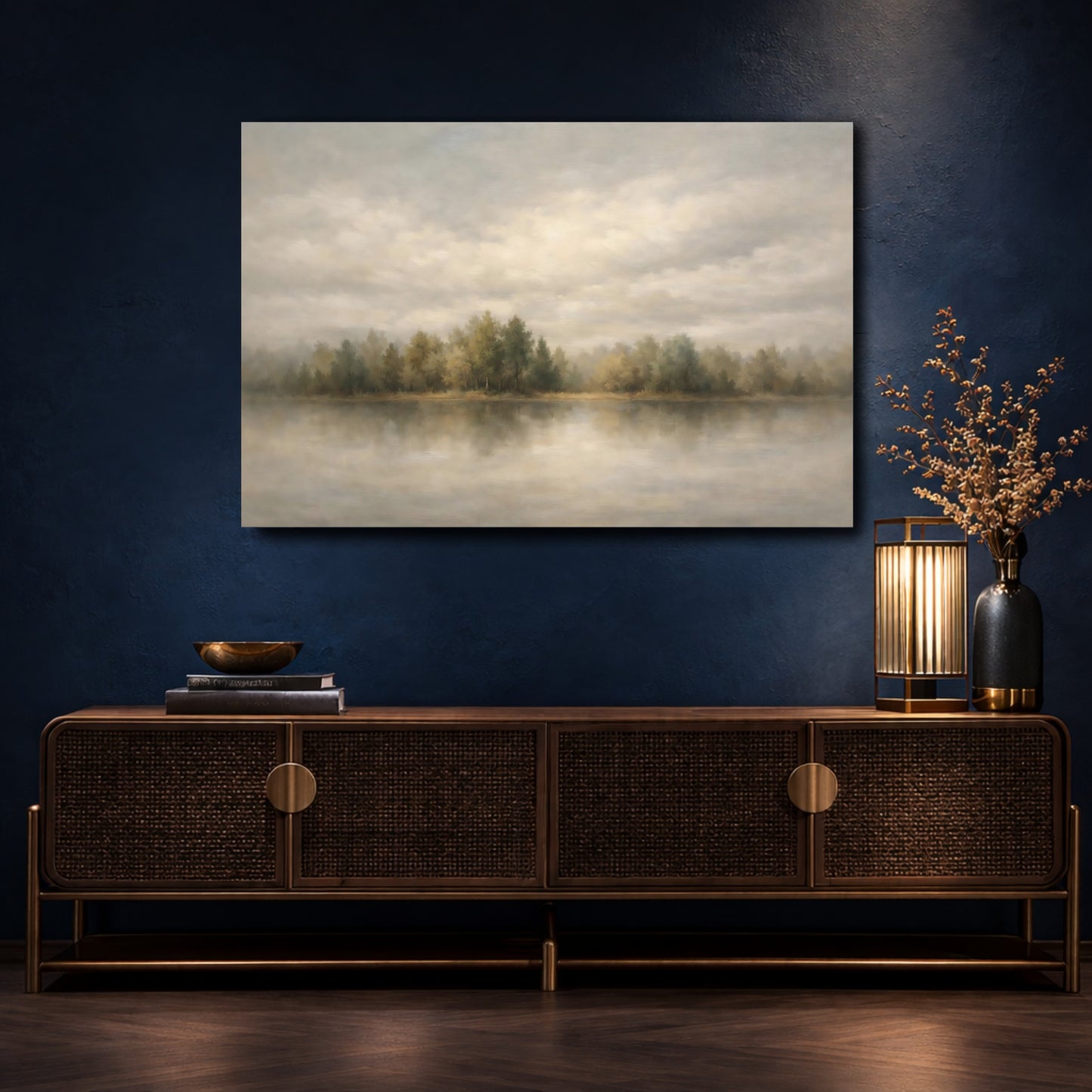 Mockup 4. Nature Forest Lake Grey Green Landscape shown as stretched canvas wall art
