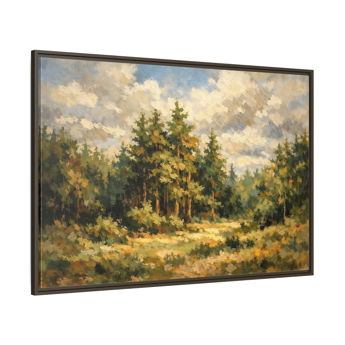 Main Mockup. Nature Forest Landscape Green And Gold Forest shown as stretched canvas wall art