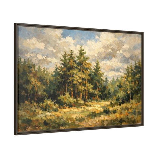 Main Mockup. Nature Forest Landscape Green And Gold Forest shown as stretched canvas wall art