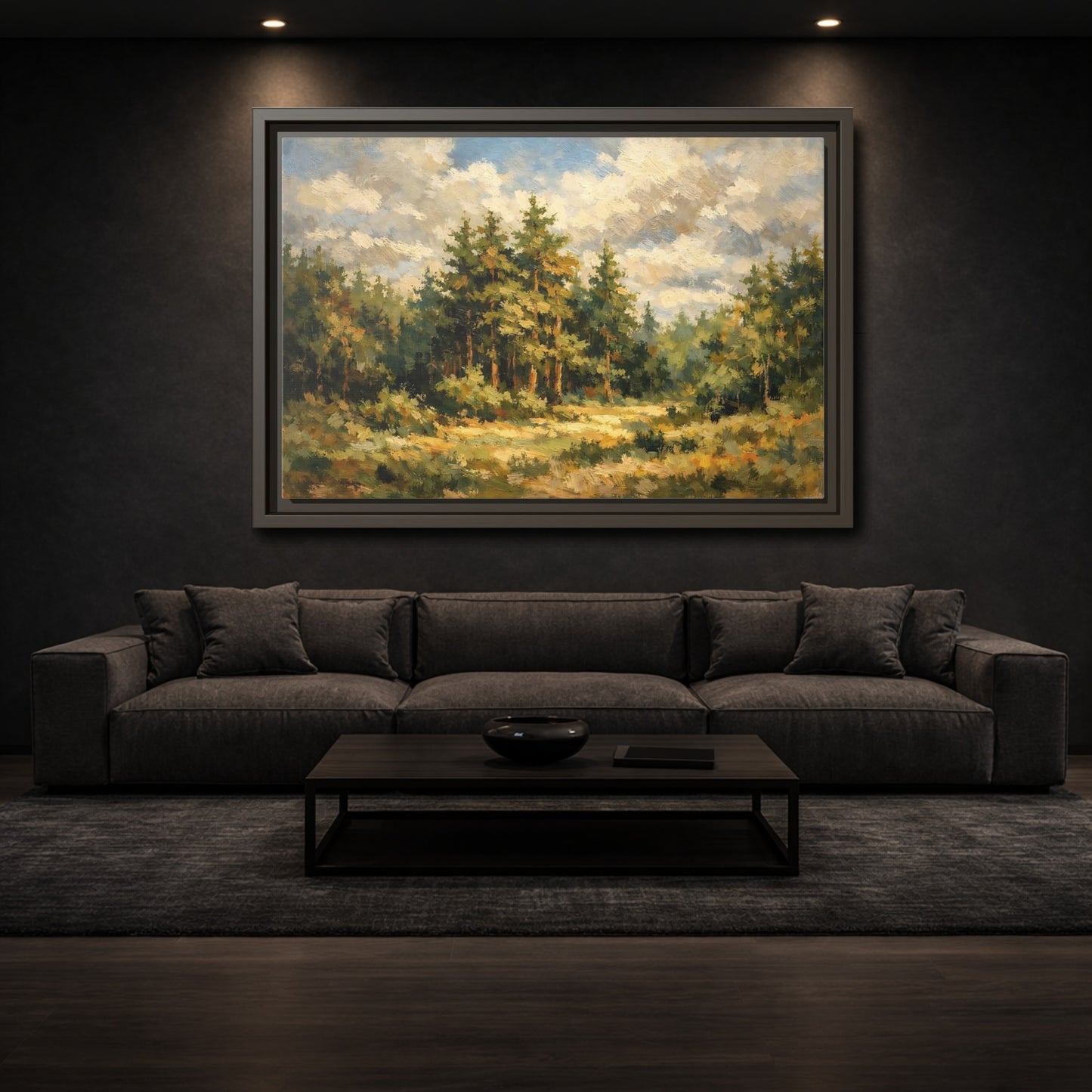 Mockup 2. Nature Forest Landscape Green And Gold Forest shown as stretched canvas wall art