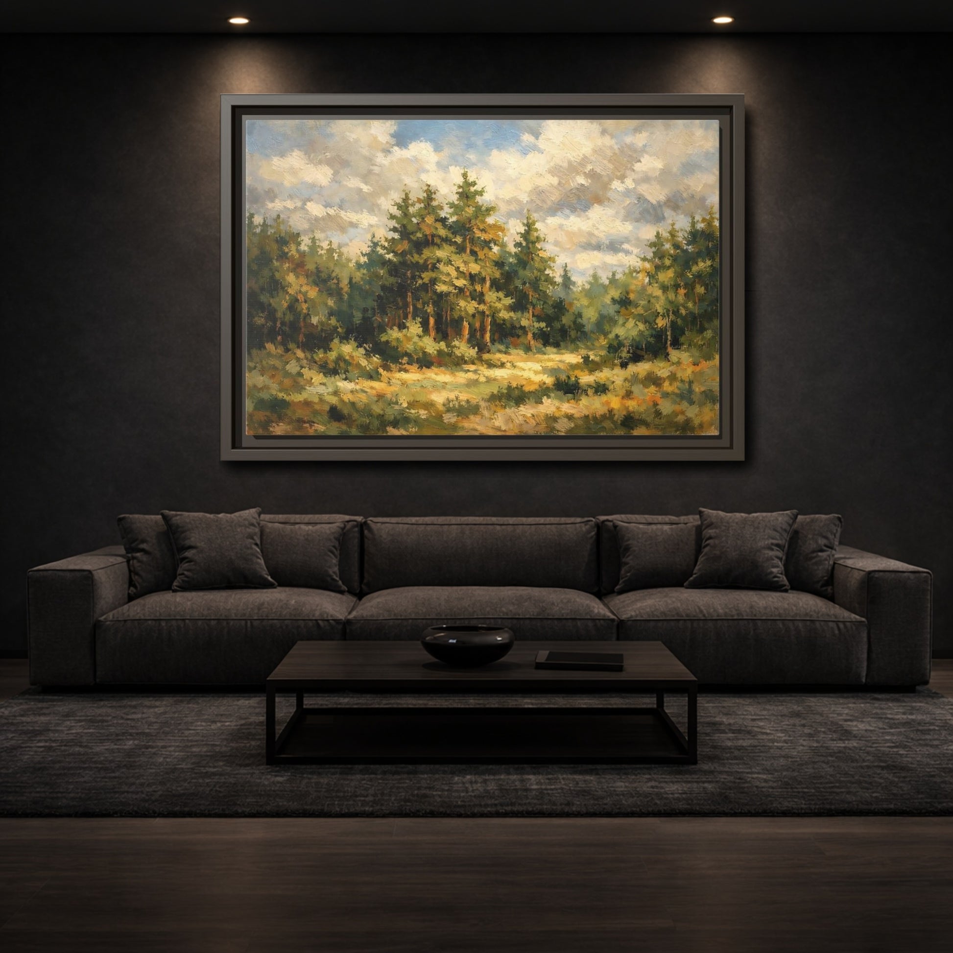Mockup 2. Nature Forest Landscape Green And Gold Forest shown as stretched canvas wall art
