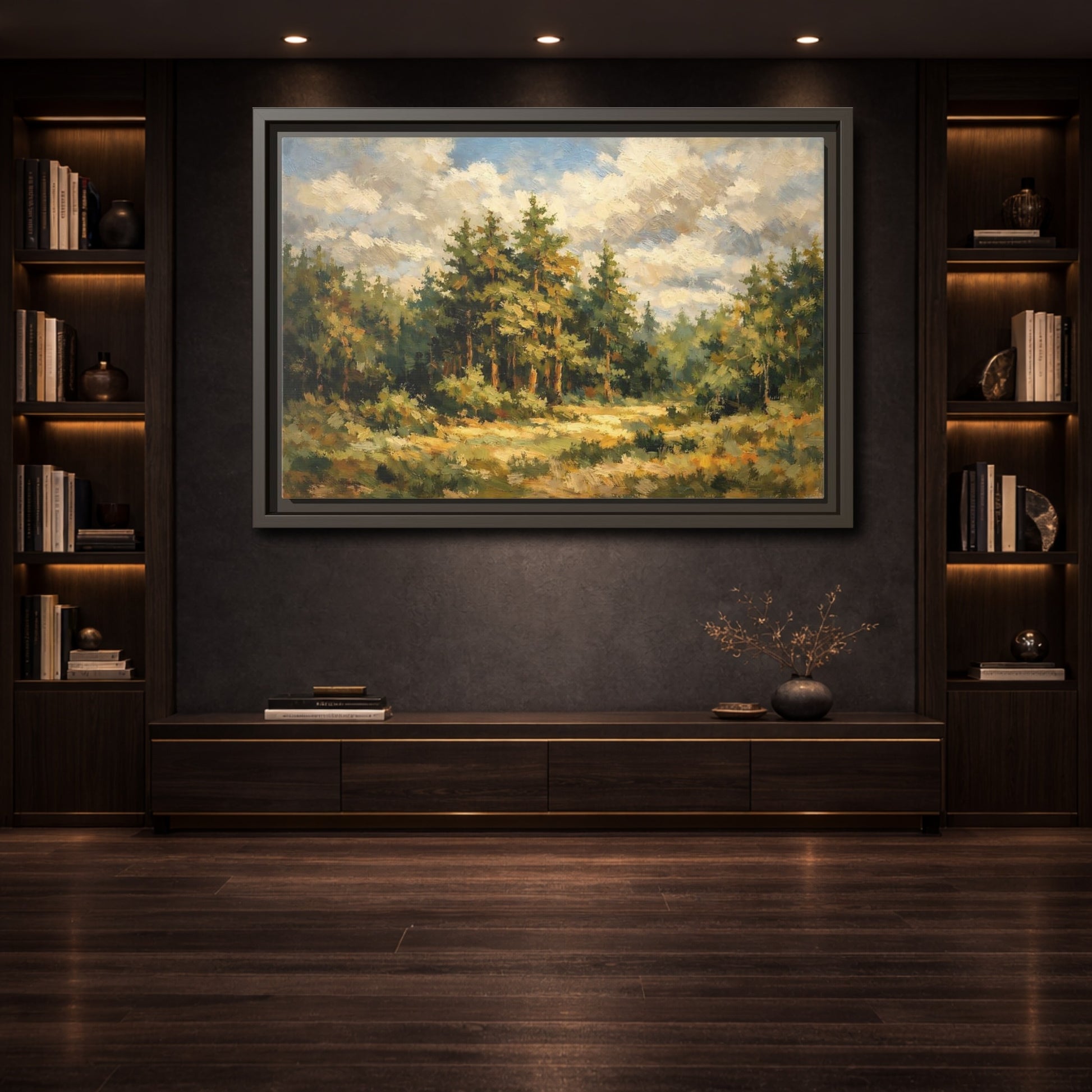 Mockup 3. Nature Forest Landscape Green And Gold Forest shown as stretched canvas wall art