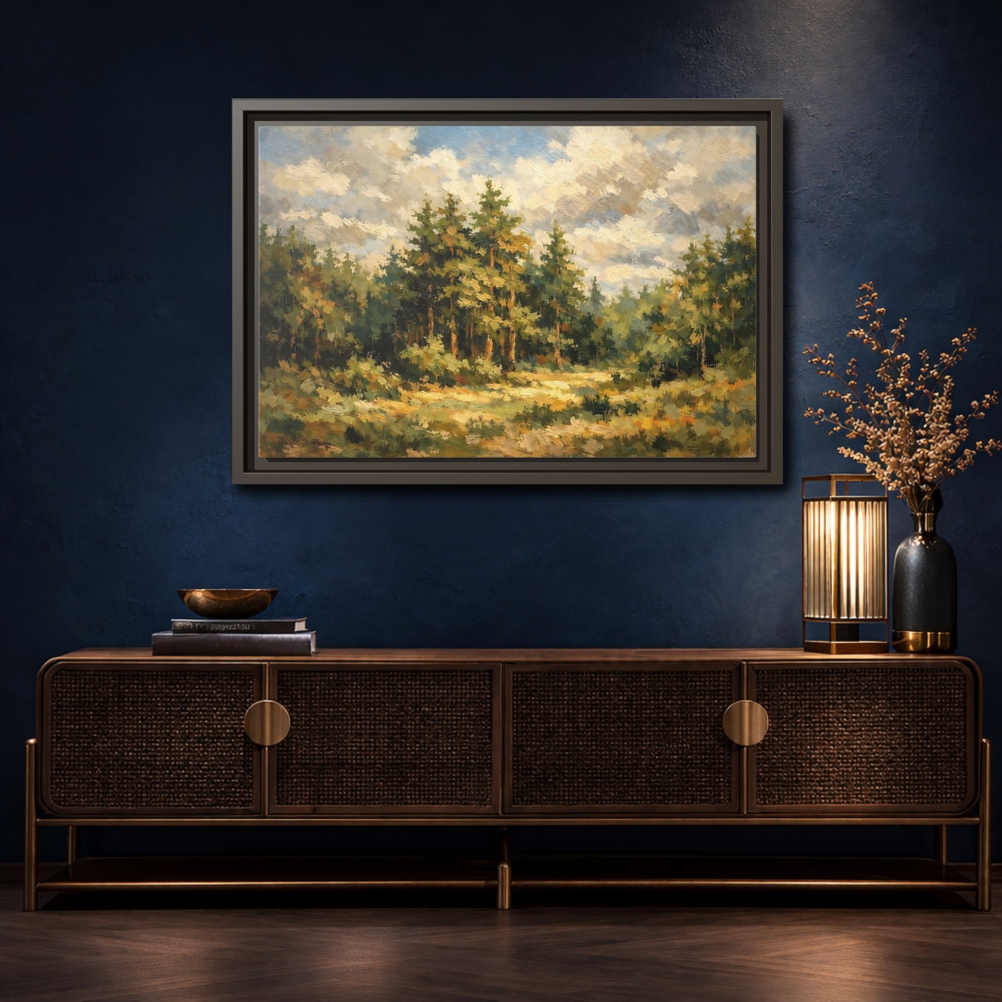Mockup 4. Nature Forest Landscape Green And Gold Forest shown as stretched canvas wall art