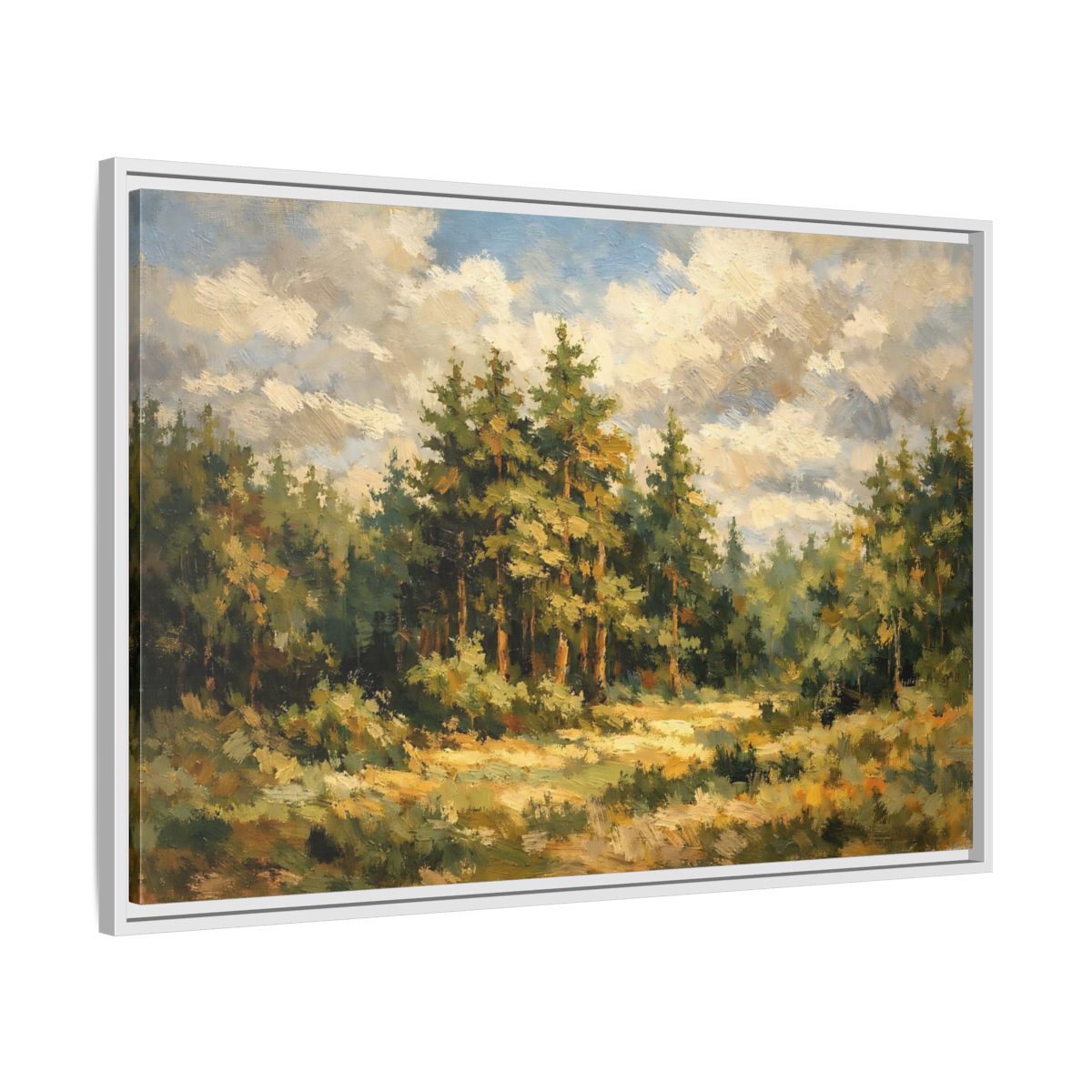 Side Mockup 8. Nature Forest Landscape Green And Gold Forest shown as stretched canvas wall art