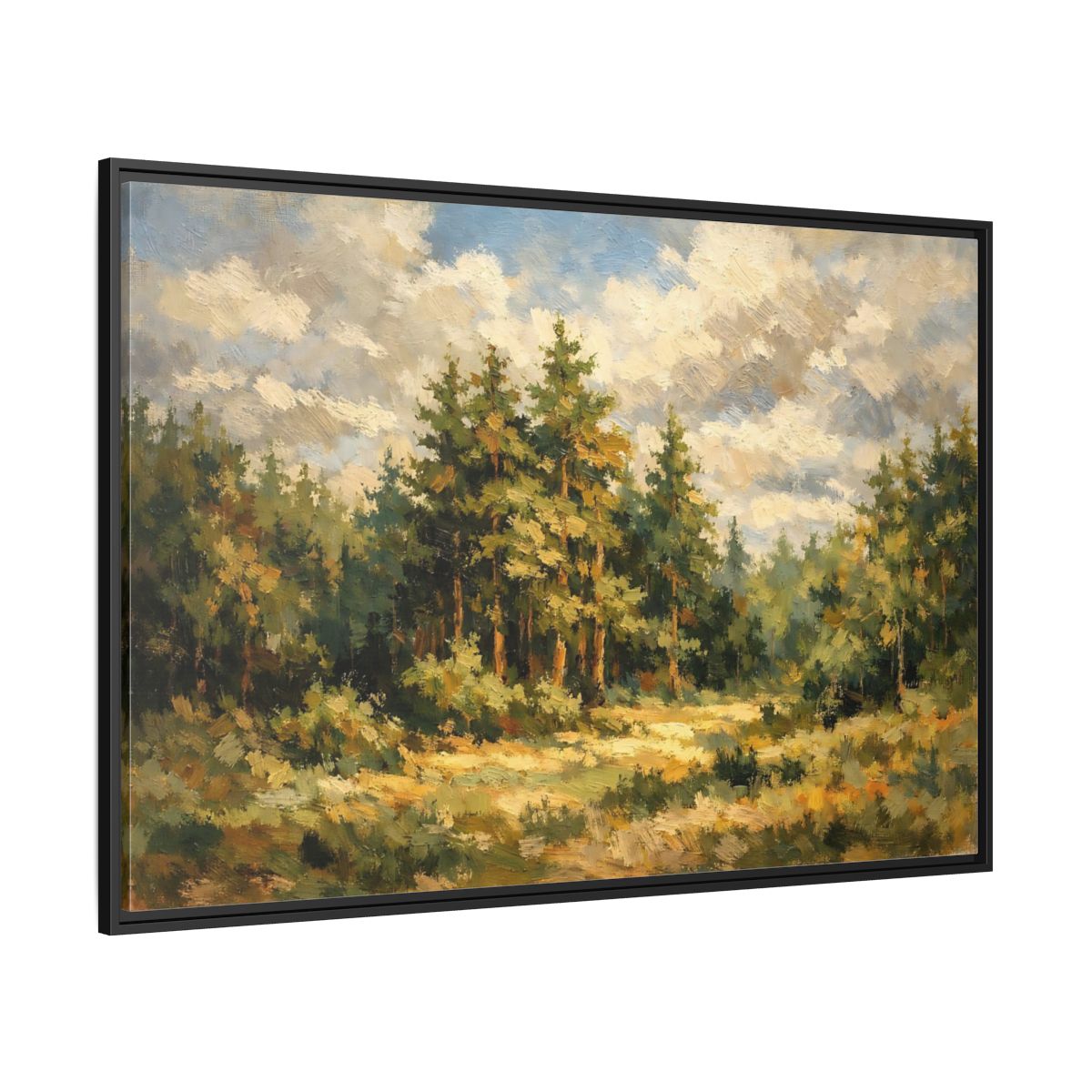 Side Mockup 12. Nature Forest Landscape Green And Gold Forest shown as stretched canvas wall art