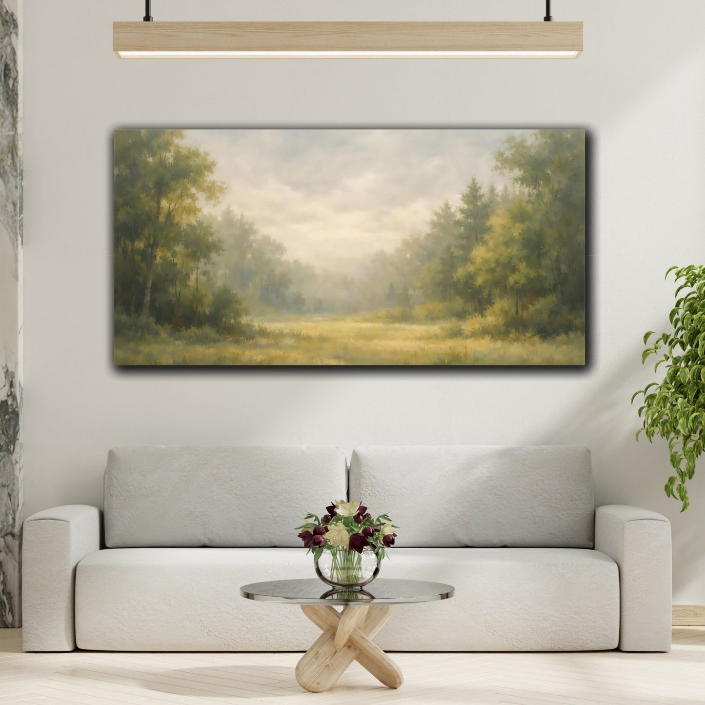 Nature Forest Meadow Green Gold Mist - Canvas Wall Art Print - YesArtYes