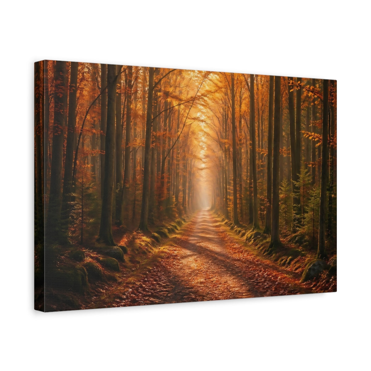 Side Mockup 4. Nature Forest Path Golden Autumn Forest shown as stretched canvas wall art