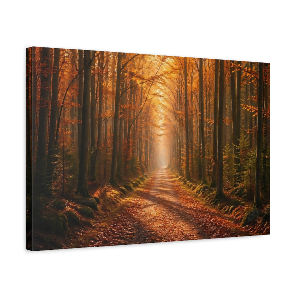 Side Mockup 3. Nature Forest Path Golden Autumn Forest shown as stretched canvas wall art