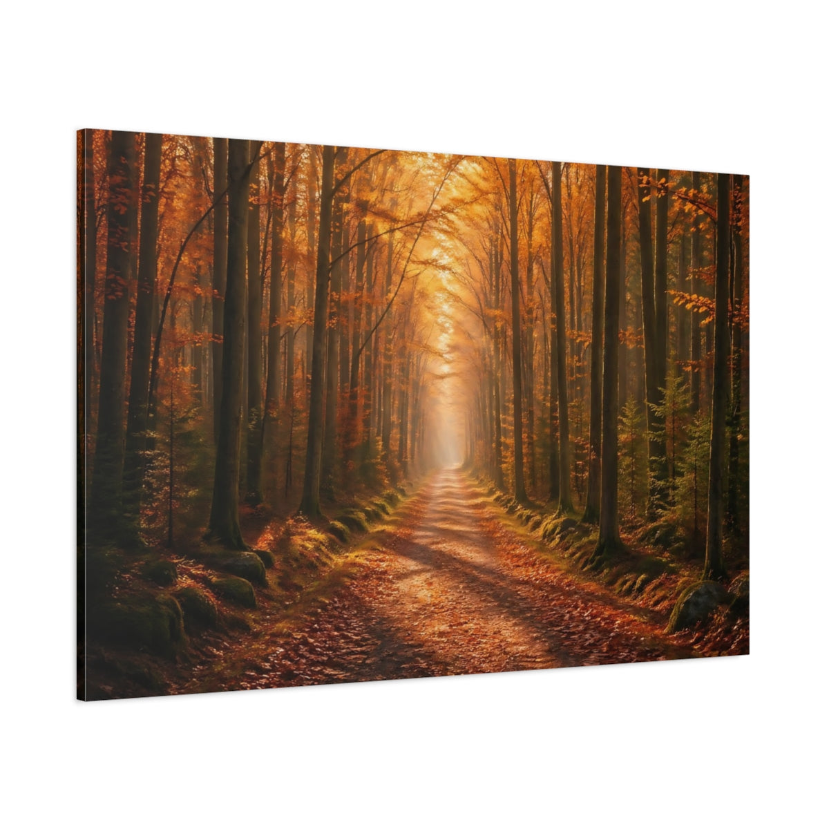 Side Mockup 1. Nature Forest Path Golden Autumn Forest shown as stretched canvas wall art