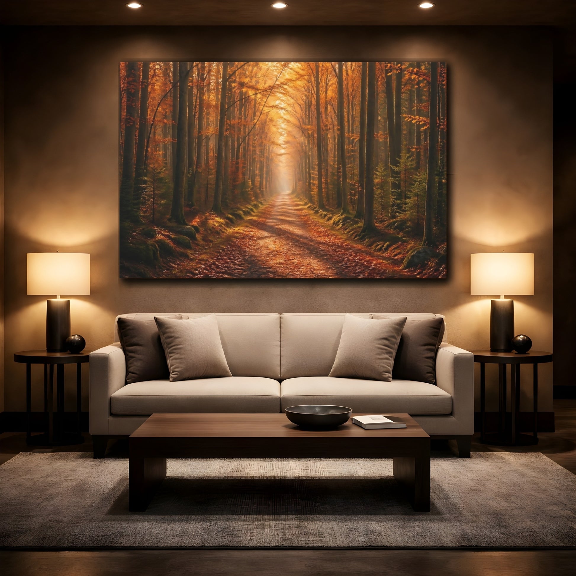 Mockup 2. Nature Forest Path Golden Autumn Forest shown as stretched canvas wall art