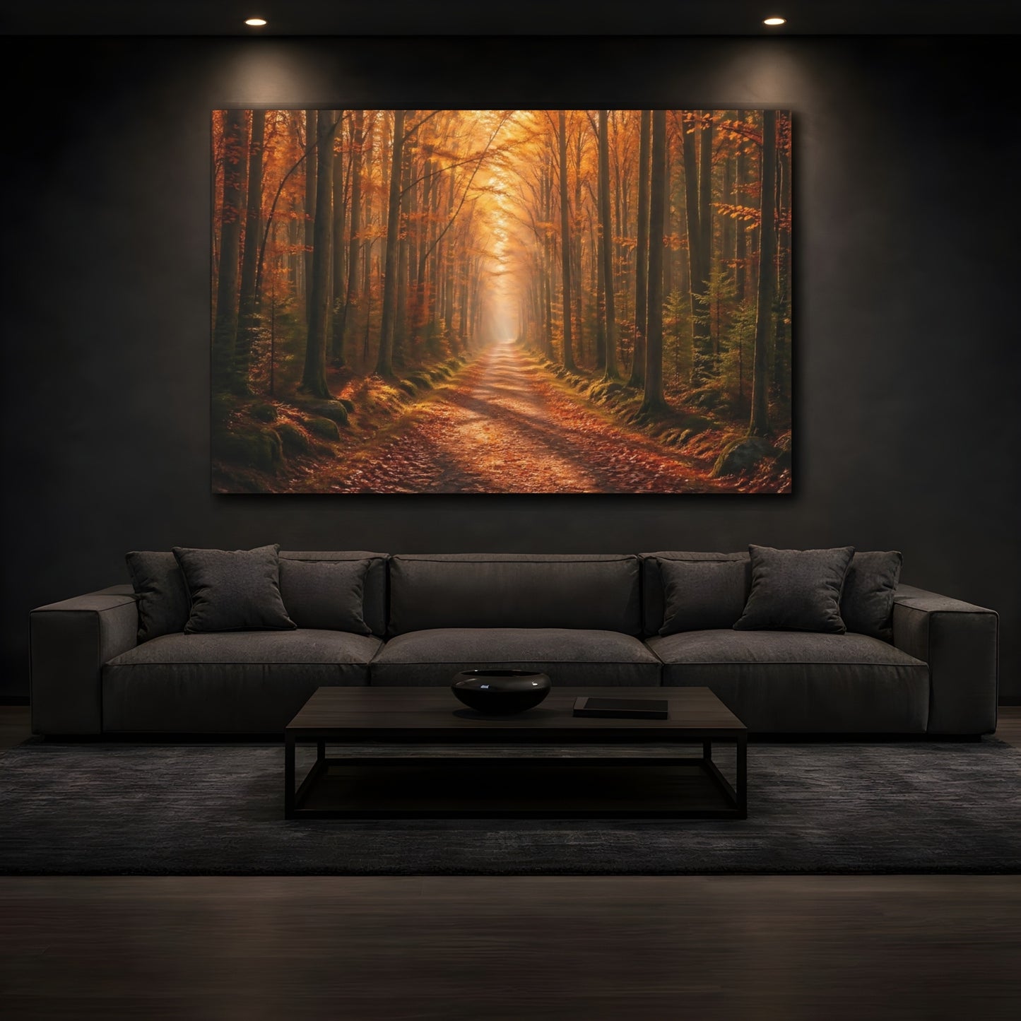 Mockup 3. Nature Forest Path Golden Autumn Forest shown as stretched canvas wall art