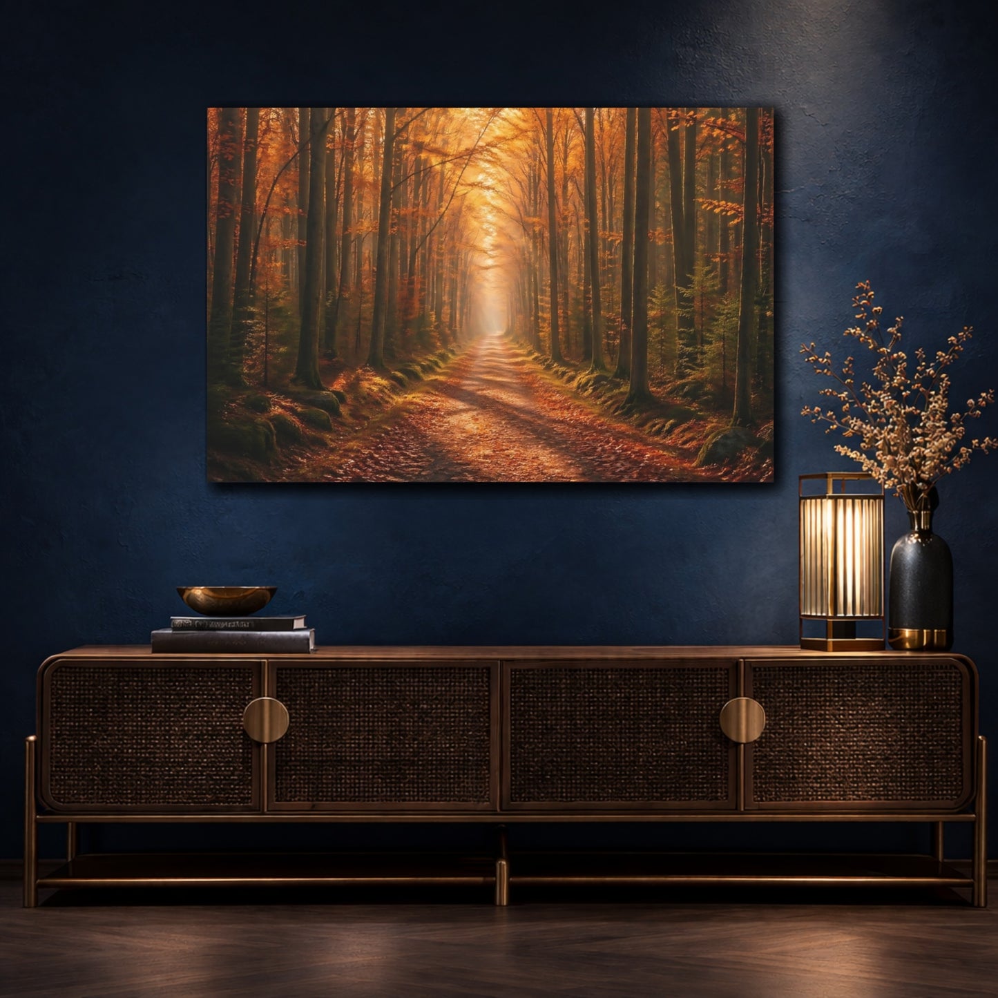 Mockup 4. Nature Forest Path Golden Autumn Forest shown as stretched canvas wall art