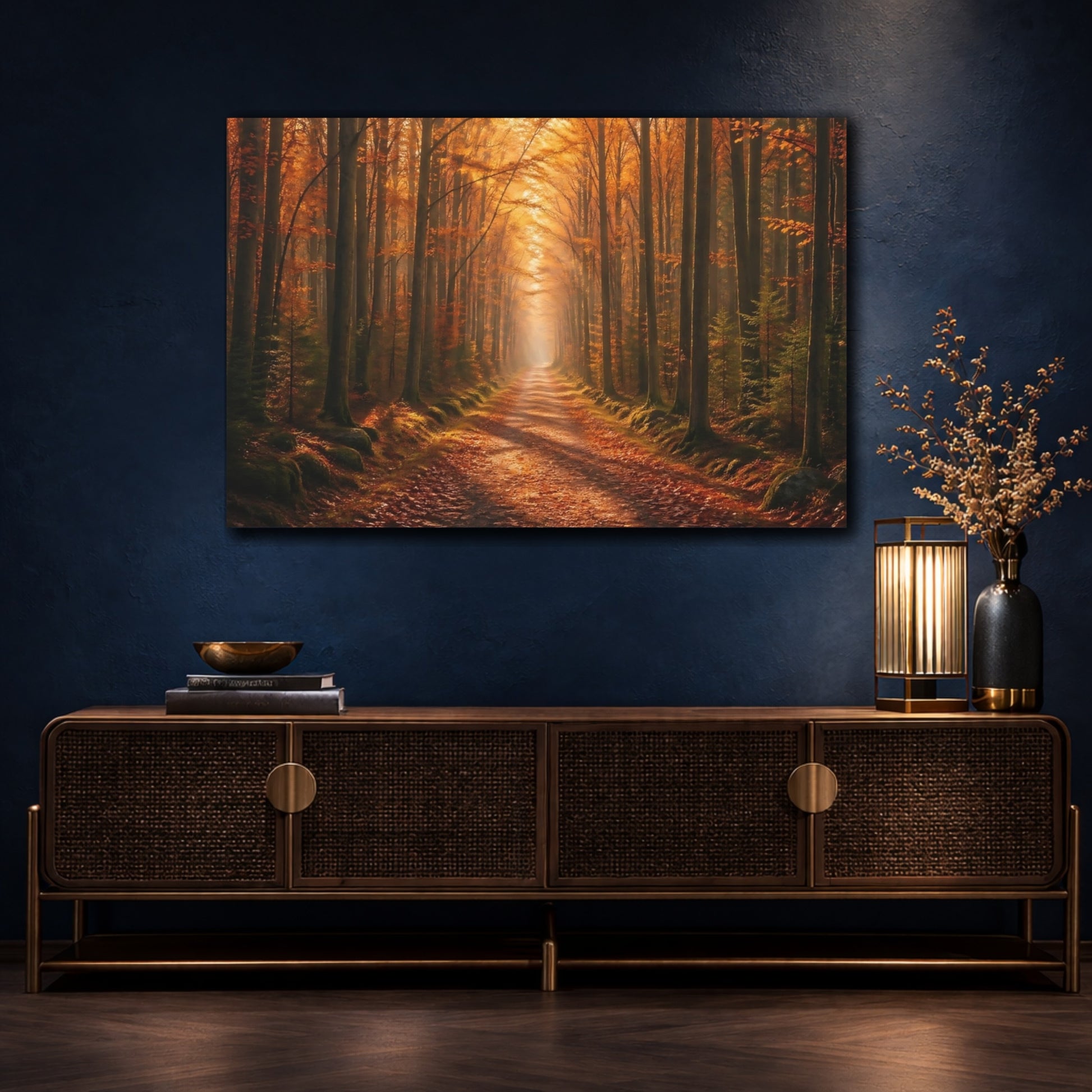 Mockup 4. Nature Forest Path Golden Autumn Forest shown as stretched canvas wall art