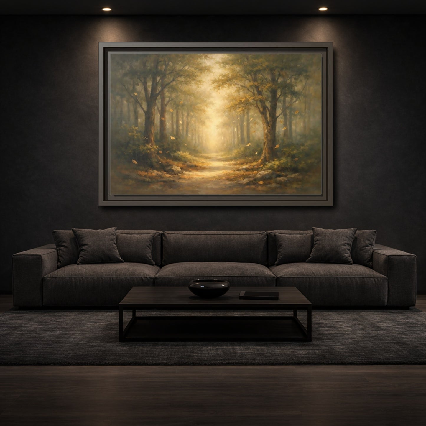 Mockup 2. Nature Forest Path Golden Forest Path shown as stretched canvas wall art