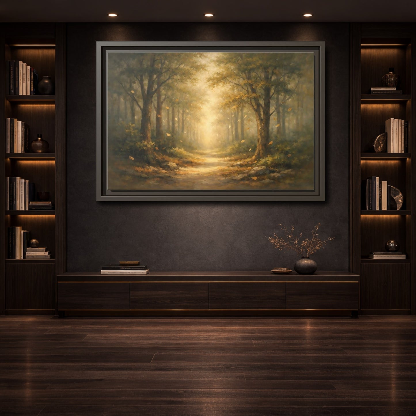 Mockup 3. Nature Forest Path Golden Forest Path shown as stretched canvas wall art