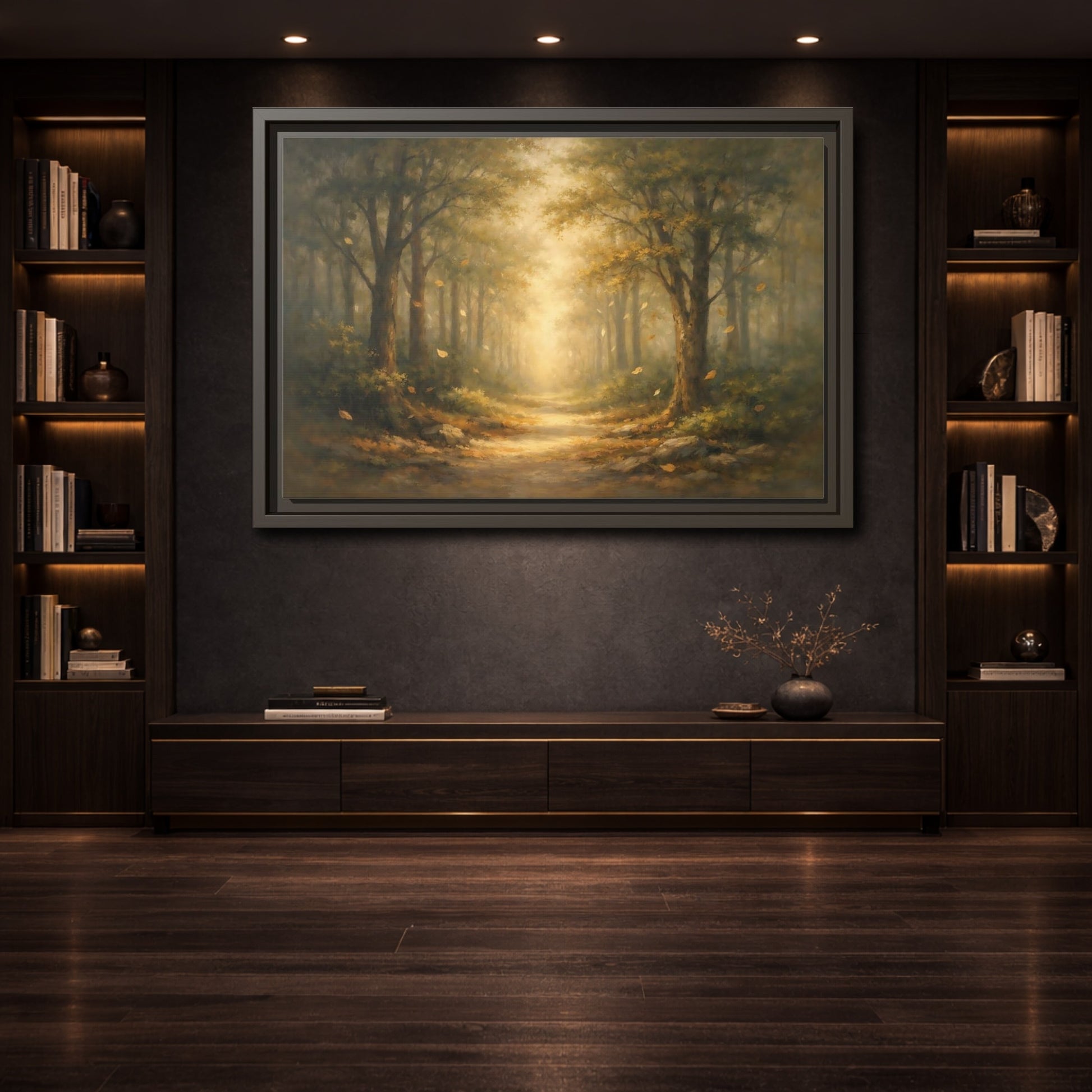 Mockup 3. Nature Forest Path Golden Forest Path shown as stretched canvas wall art