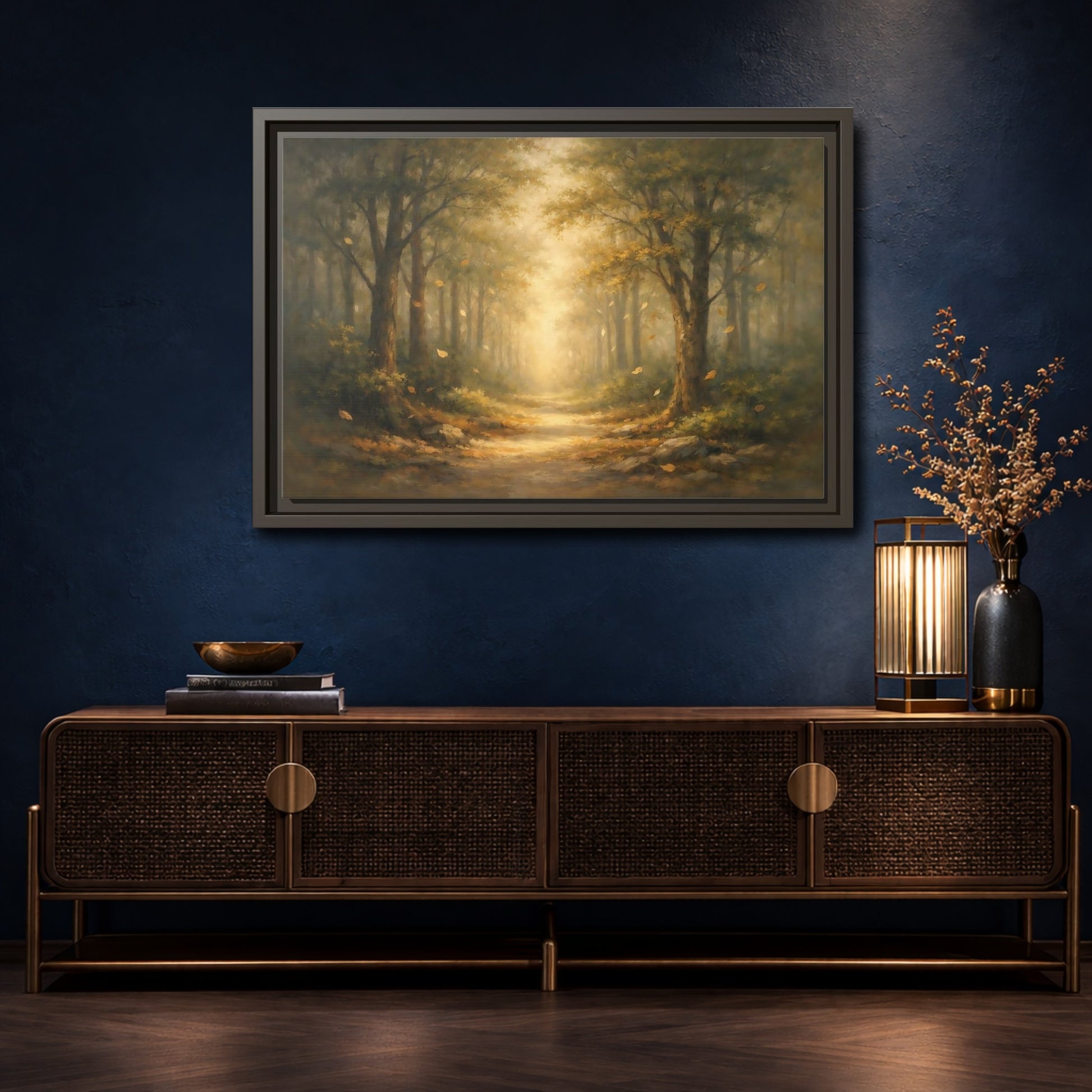 Mockup 4. Nature Forest Path Golden Forest Path shown as stretched canvas wall art