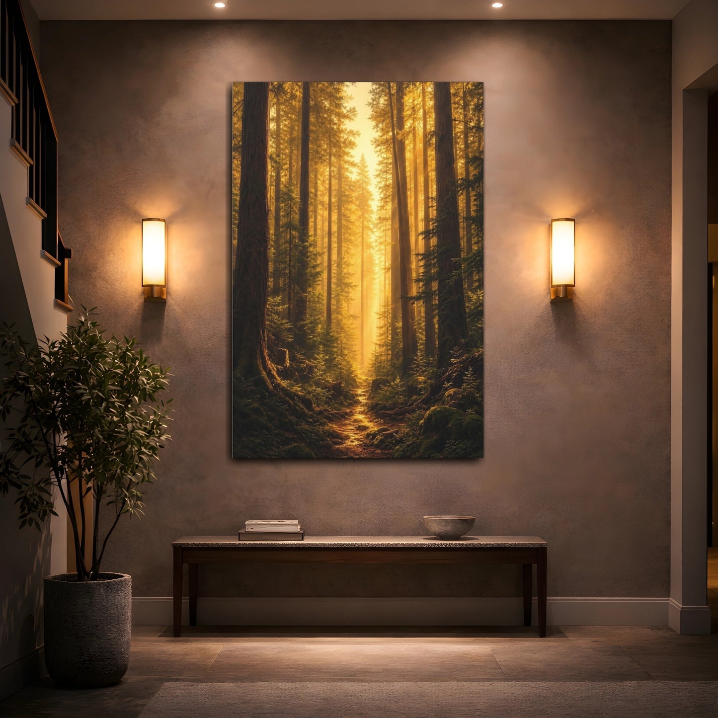 Mockup 2. Nature Forest Path Golden Forest shown as stretched canvas wall art