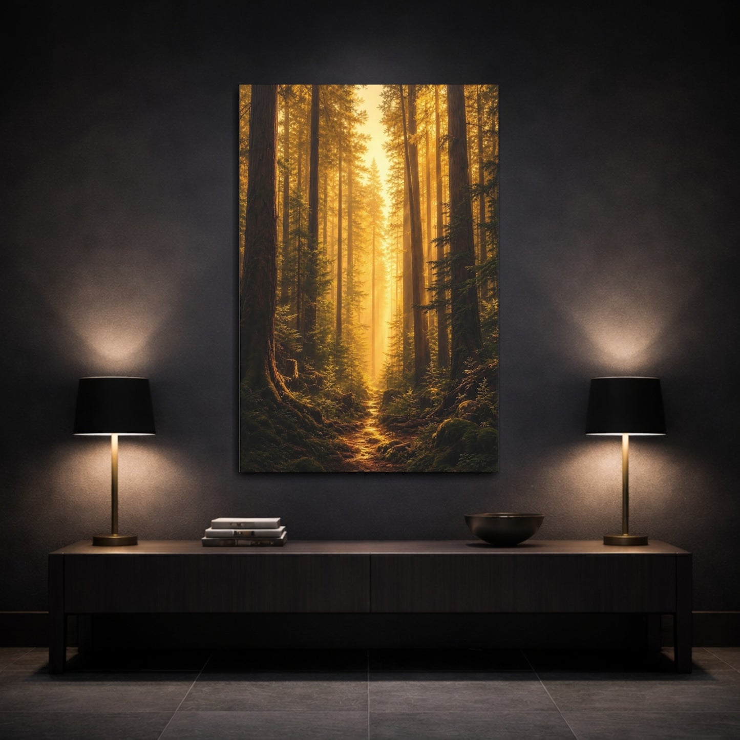 Mockup 3. Nature Forest Path Golden Forest shown as stretched canvas wall art