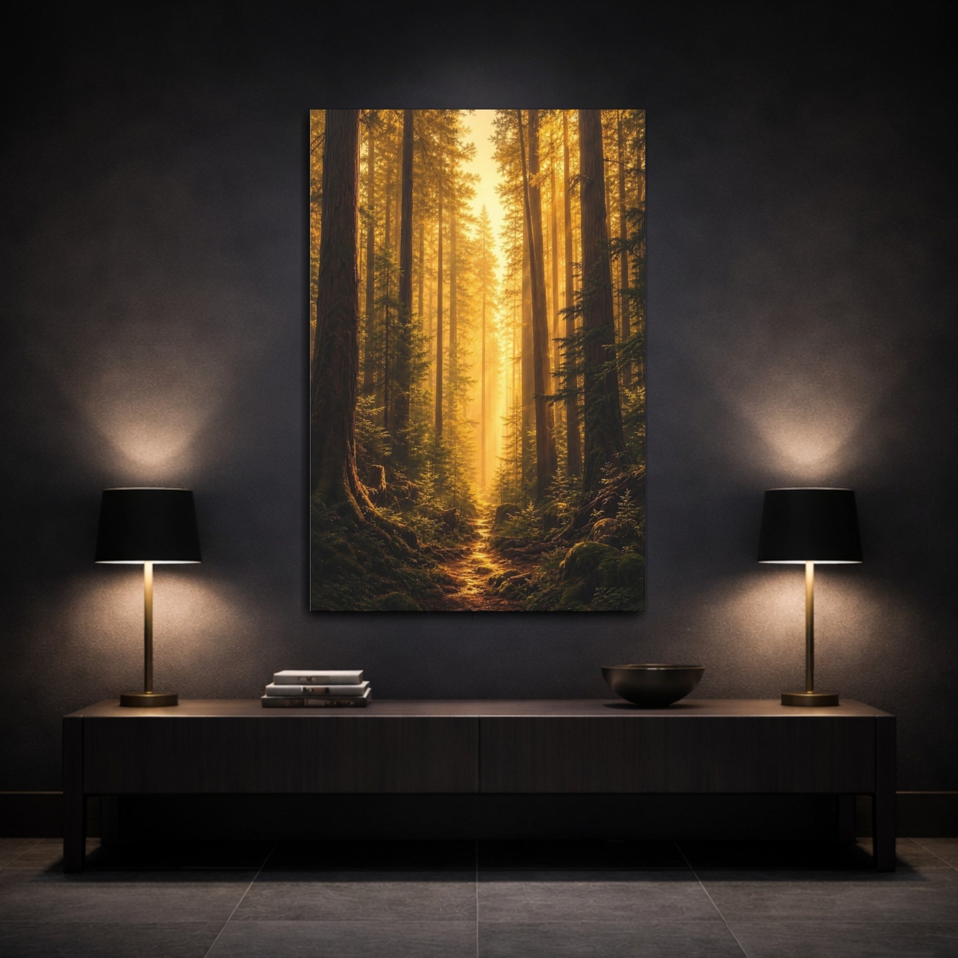 Mockup 3. Nature Forest Path Golden Forest shown as stretched canvas wall art